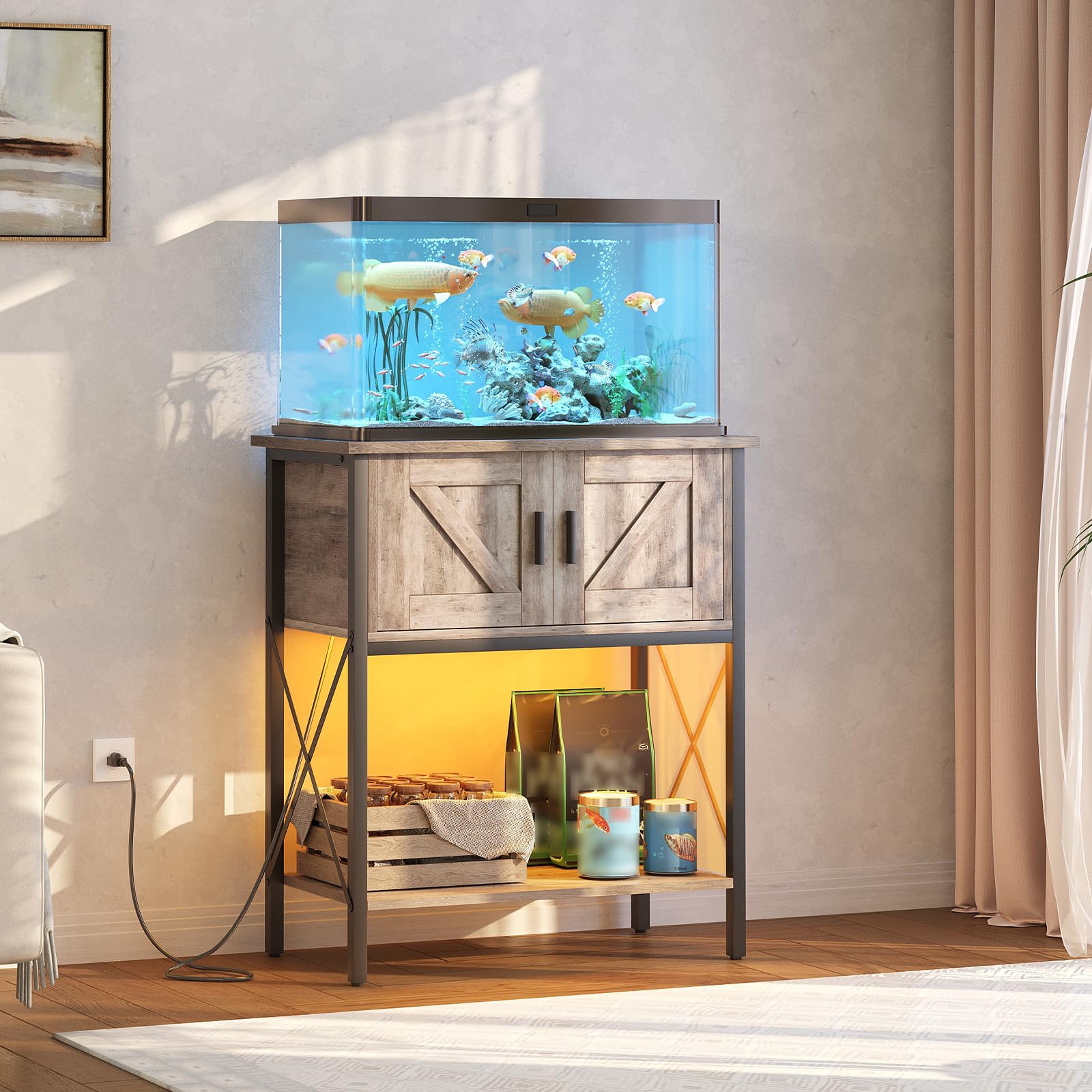 hoobro-meuble-aquarium-20-gallons-greige-avec-led-et-prise image 2