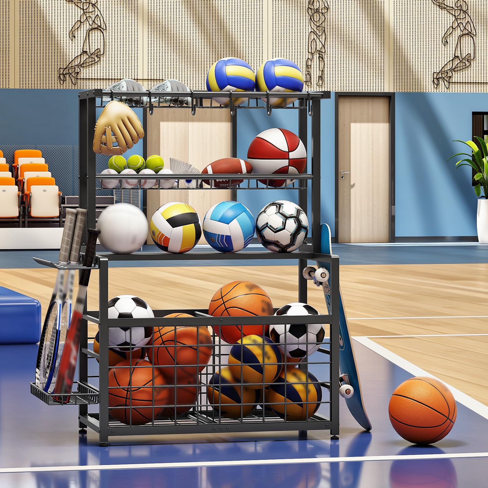 hoobro-range-ballons-noir-avec-panier-et-crochets-sport image 5