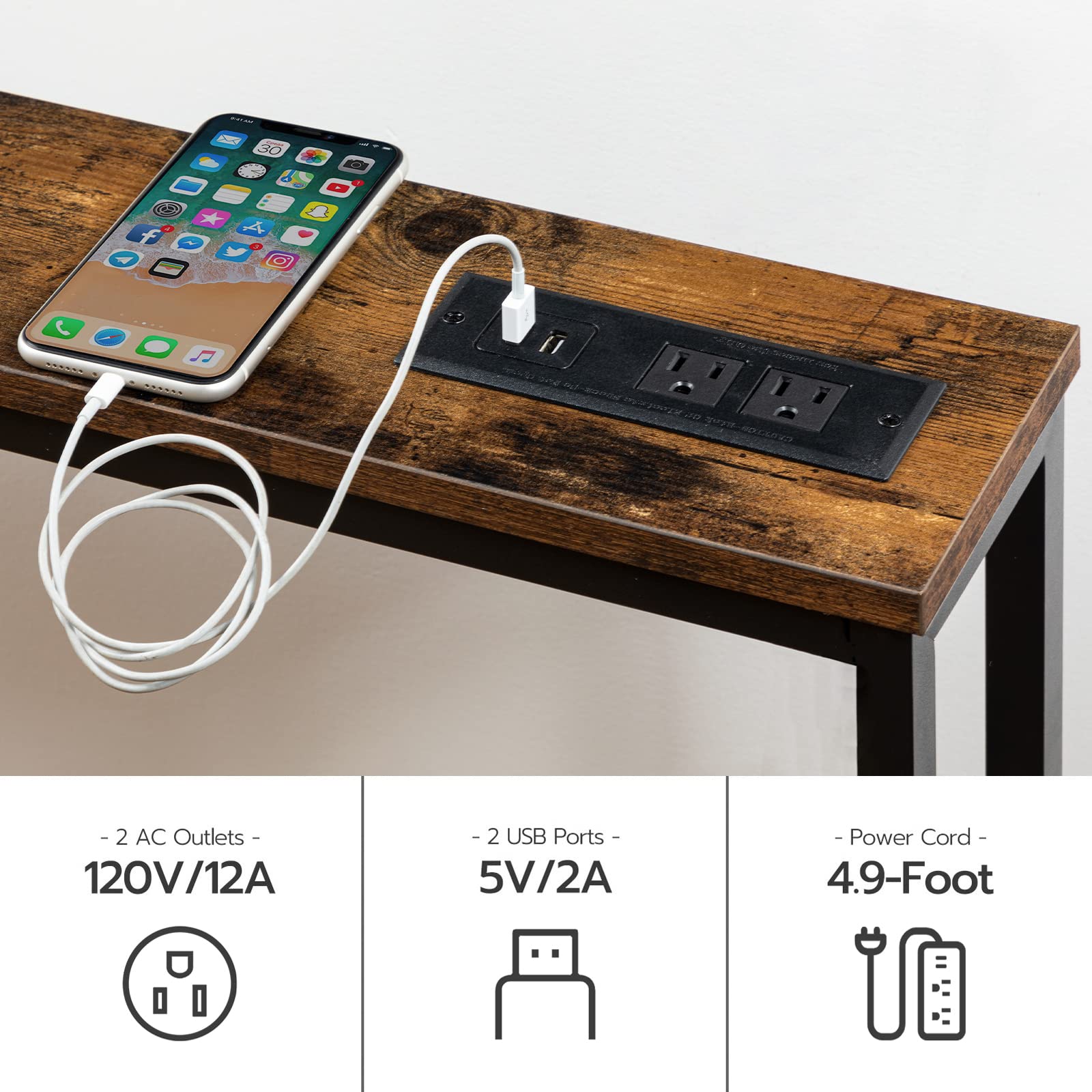hoobro-console-troite-marron-100-cm-prises-usb-c image 8