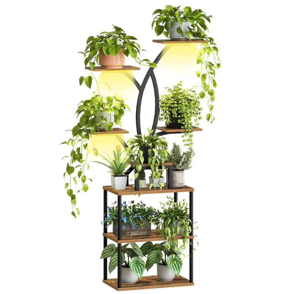 hoobro-storage-racks-porte-plantes-angle-marron-led image 1
