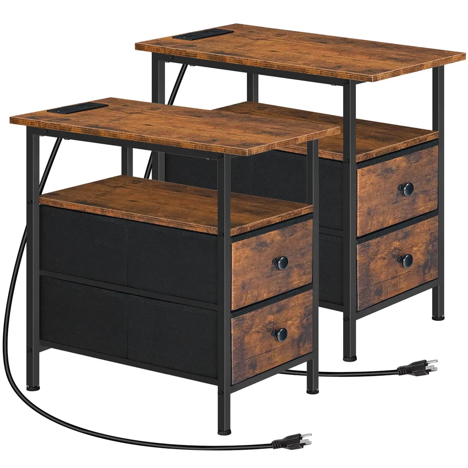 hoobro-side-tables-lot-2-tables-appoint-marron-usb image 1