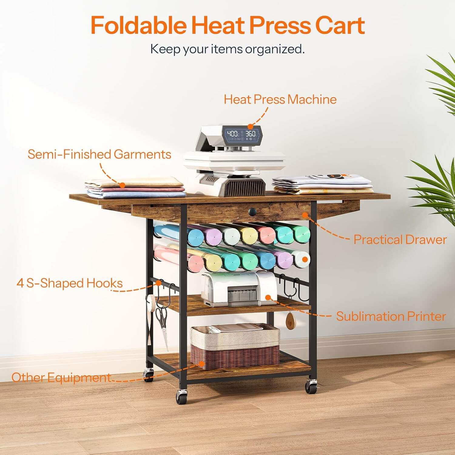hoobro-table-presse-chaud-3-niveaux-marron-avec-tiroir image 4