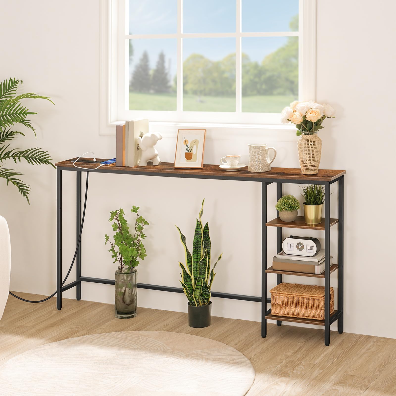 hoobro-console-table-console-marron-160-cm-avec-prises-usb image 4