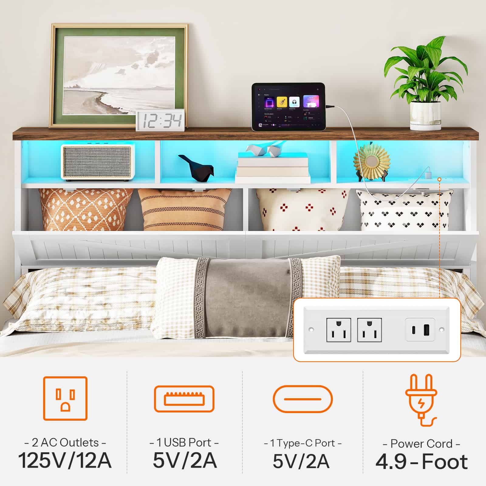 hoobro-t-te-de-lit-blanche-rangement-led-usb-biblioth-que image 7
