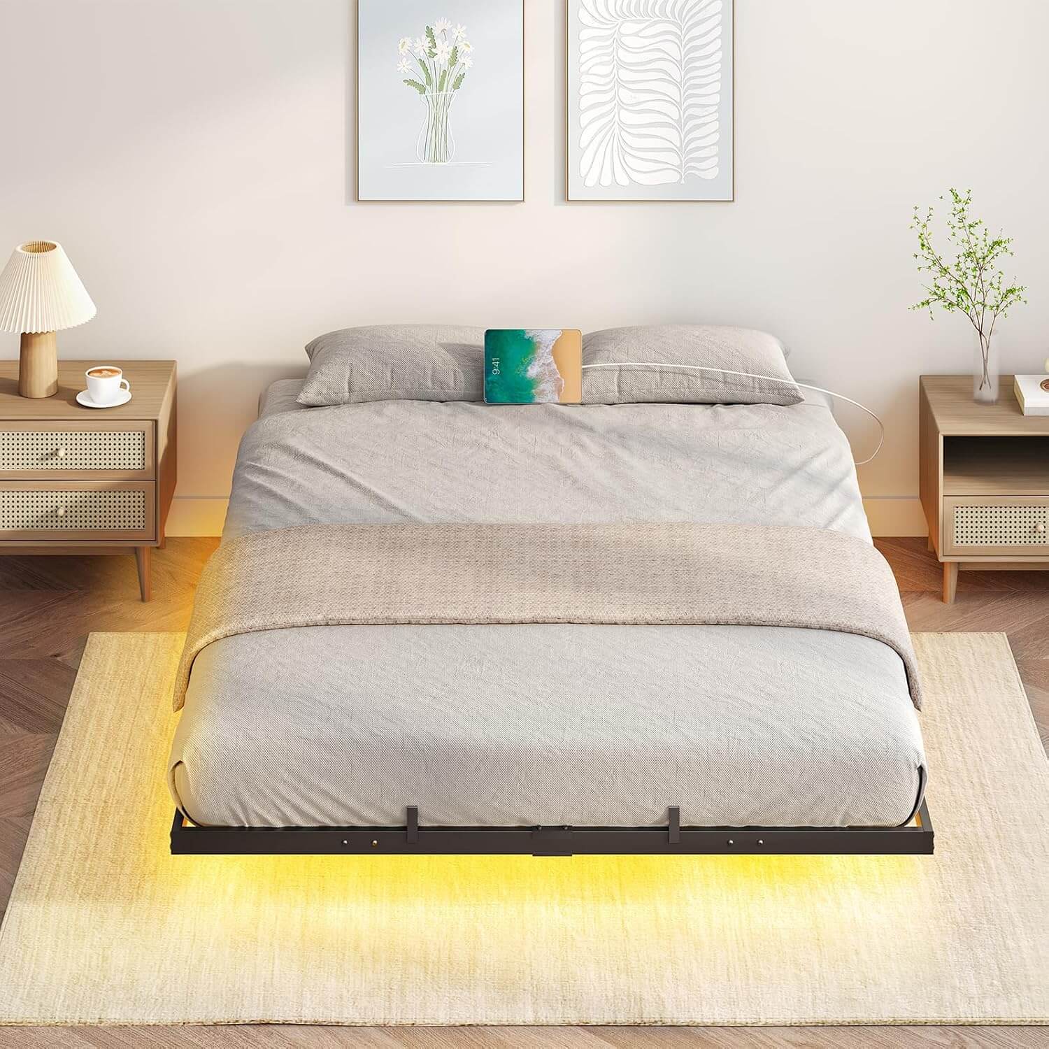 hoobro-bed-frames-lit-queen-flottant-noir-led-usb image 2