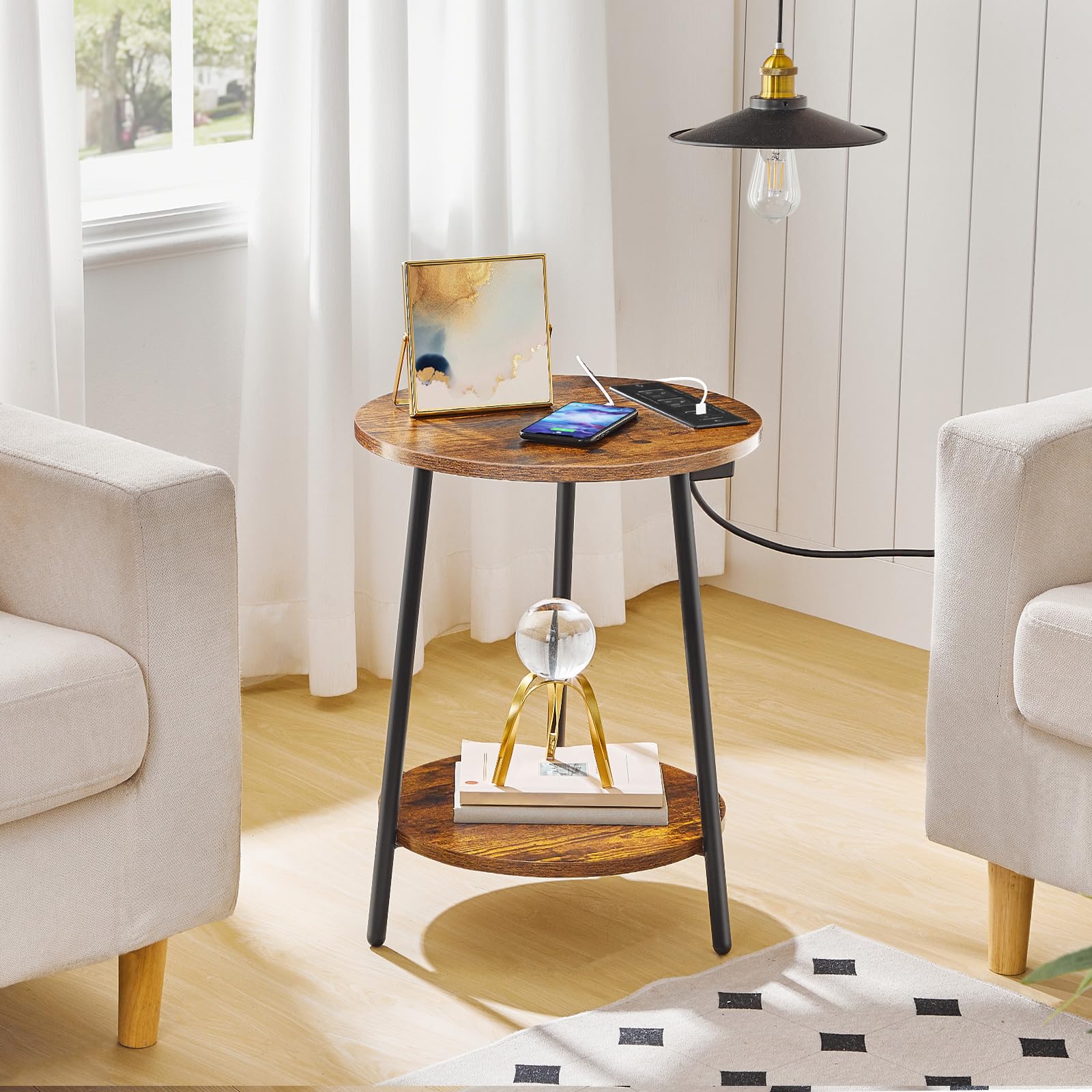 hoobro-table-d-appoint-ronde-double-plateau-marron image 4