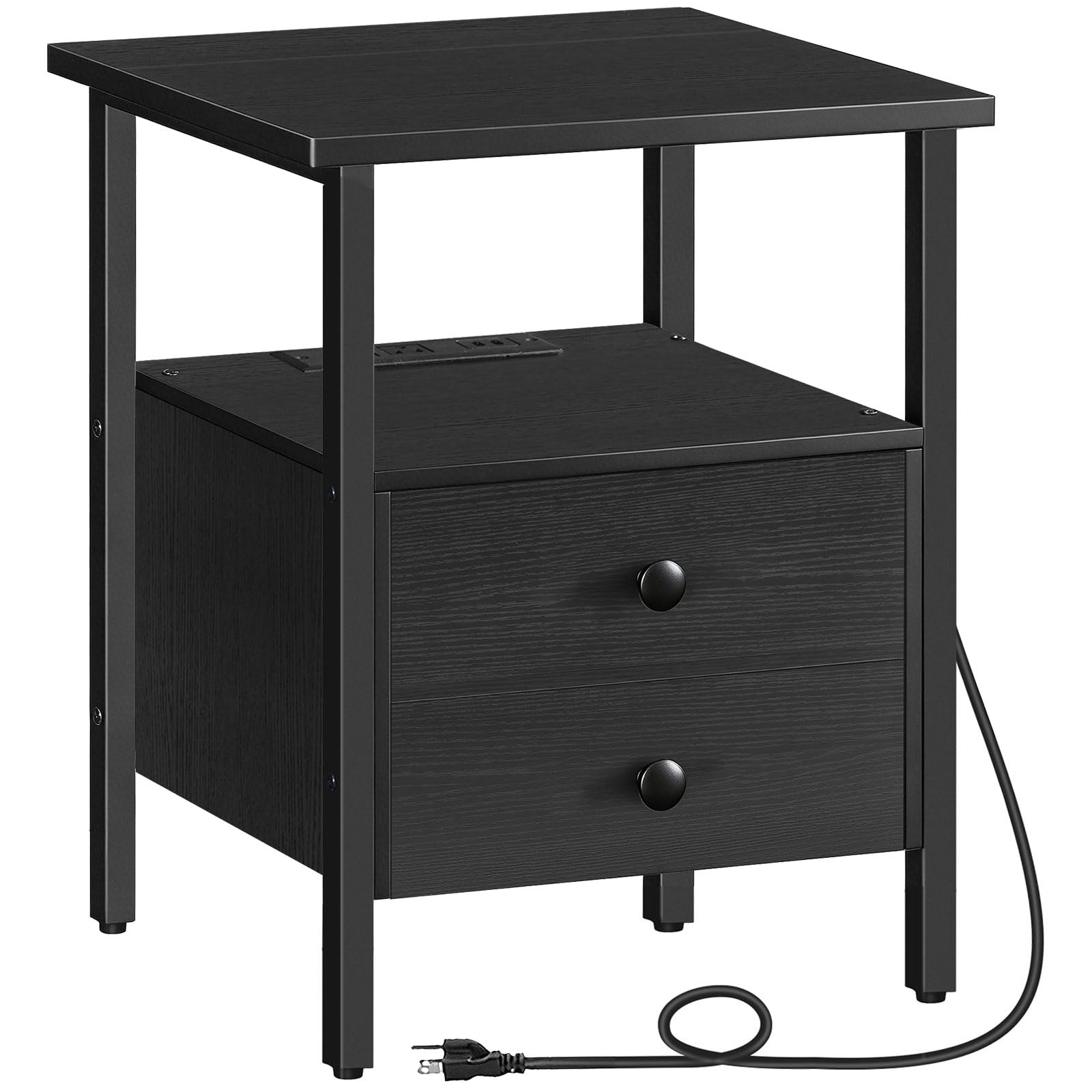 hoobro-bb43ubz01-table-appoint-noire-usb-type-c-2-tiroirs image 1