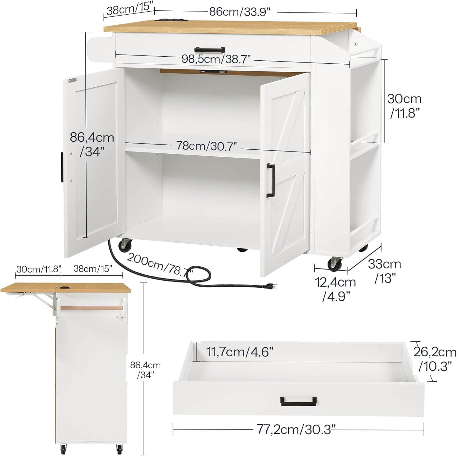 hoobro-kitchen-furniture-lot-de-cuisine-blanc-roulettes-plateau-rabattable image 1