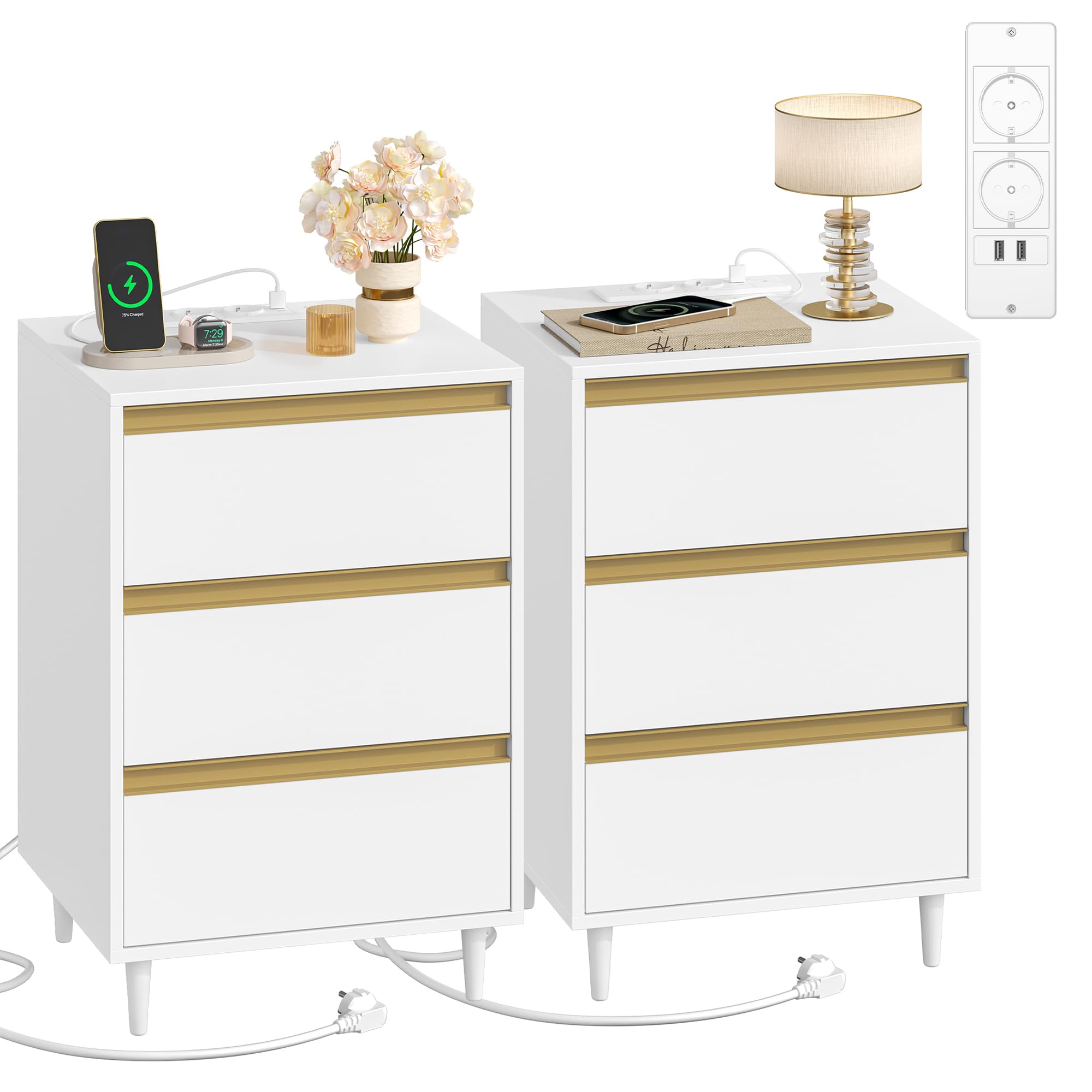 hexcelen-tables-de-chevet-lot-2-tables-nuit-blanches-prises-usb image 1