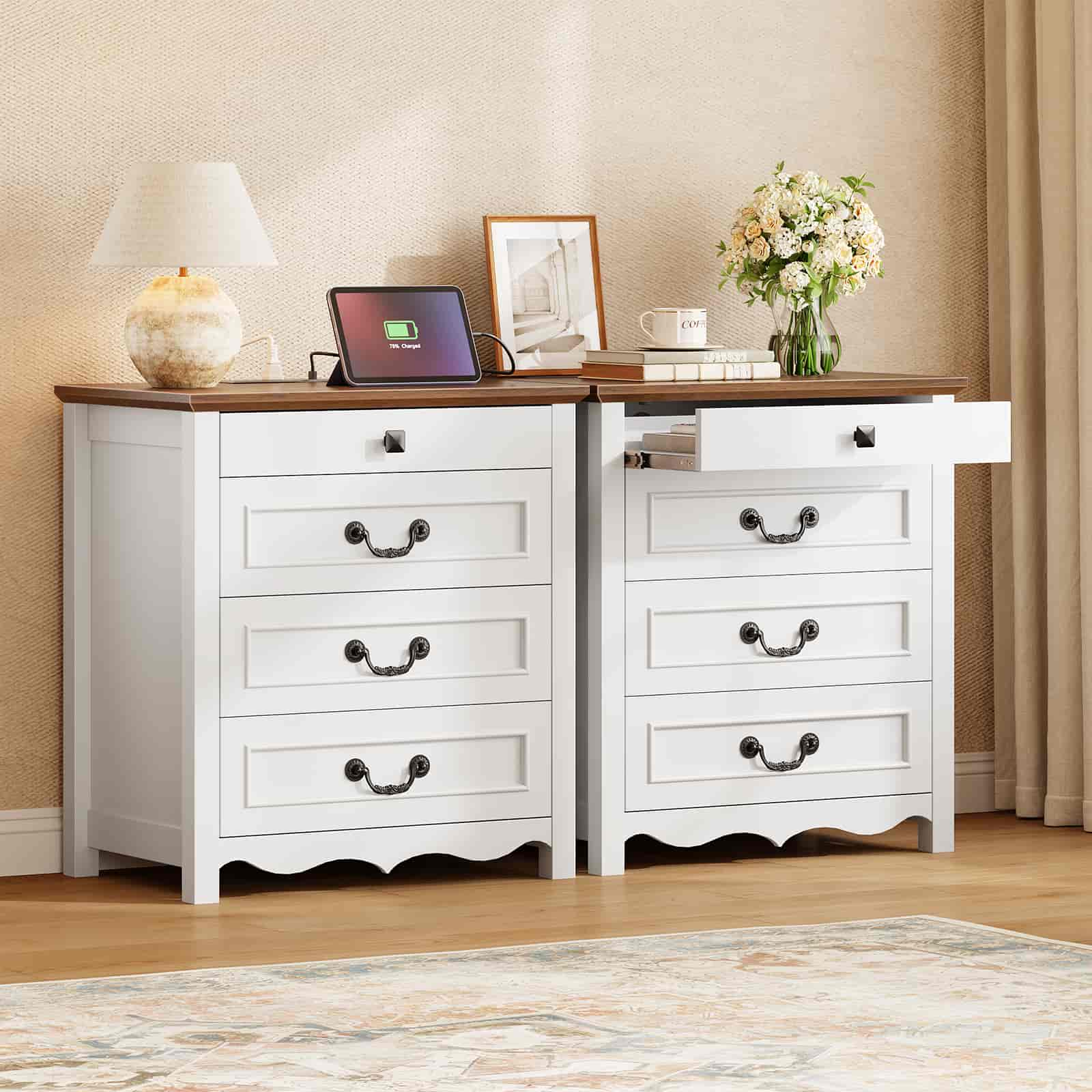 hoobro-nightstands-table-de-nuit-blanche-3-tiroirs-prise-usb image 6