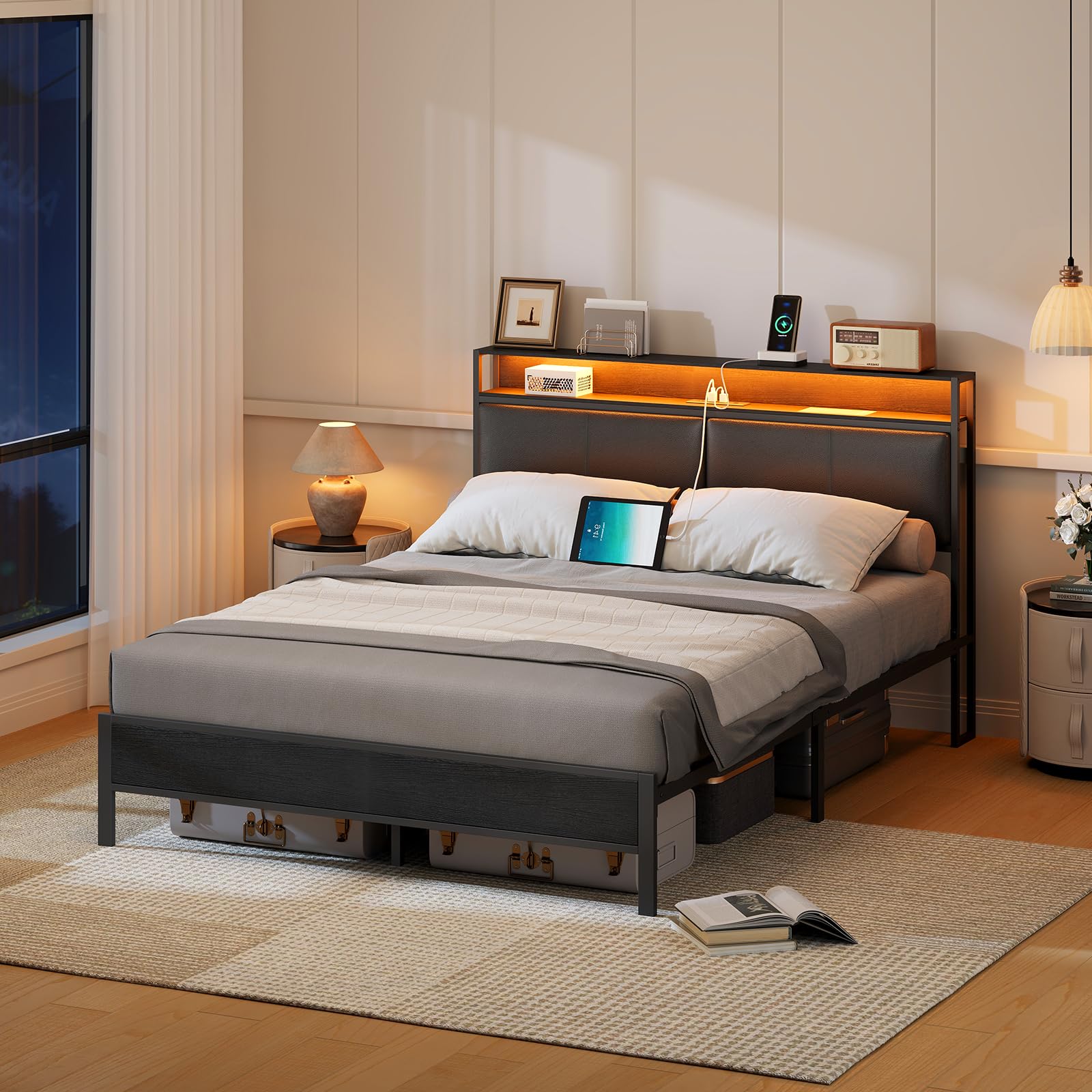 hoobro-bed-frames-lit-double-noir-140x190-led-t-te-rangement image 3