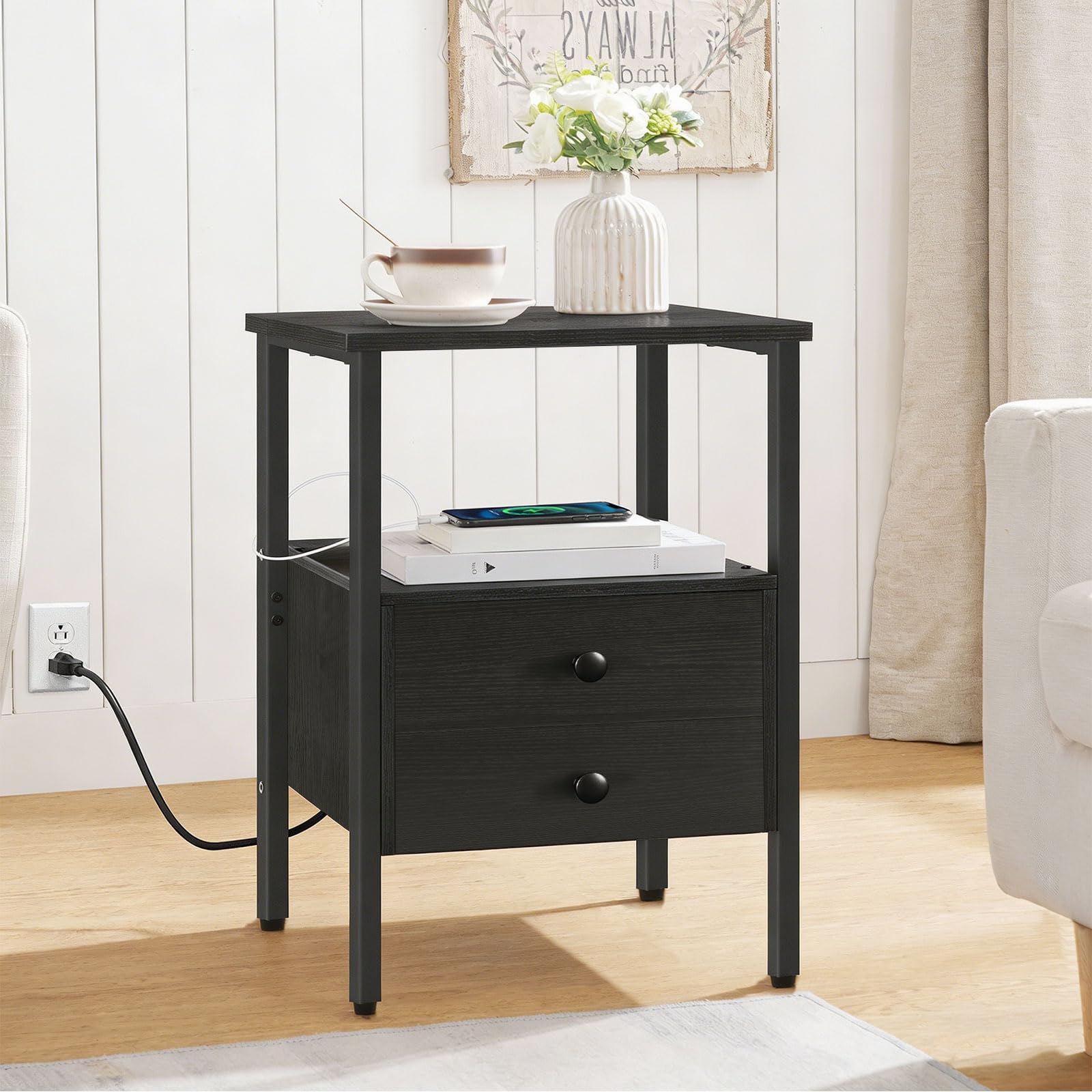 hoobro-bb43ubz01-table-appoint-noire-usb-type-c-2-tiroirs image 6