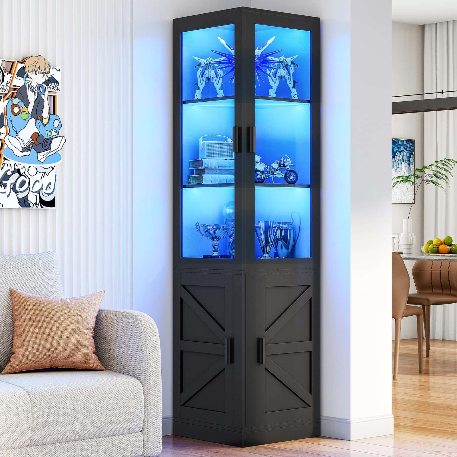 hoobro-vitrine-d-angle-noire-69-5-pouces-portes-verre-led image 2