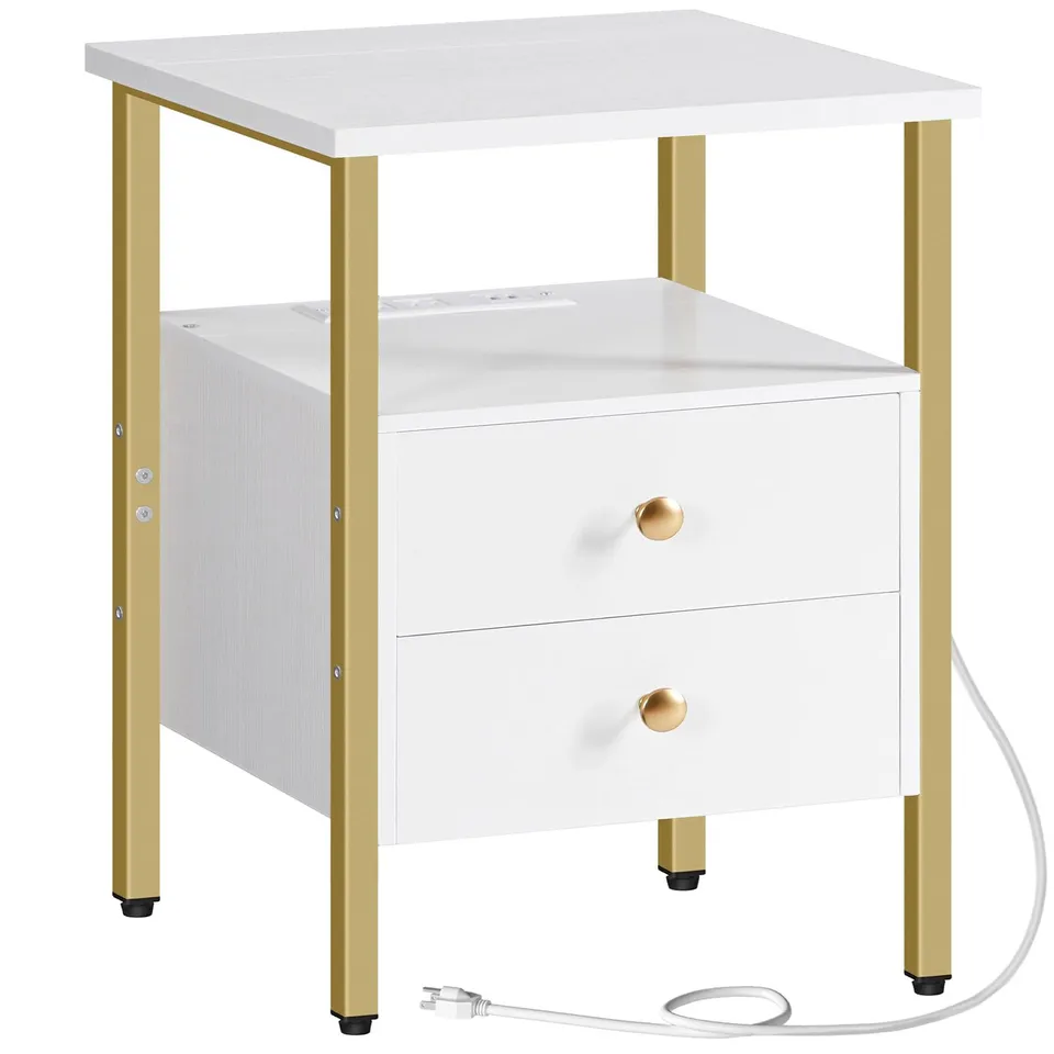 hoobro-table-de-chevet-blanche-2-tiroirs-prise-usb image 1