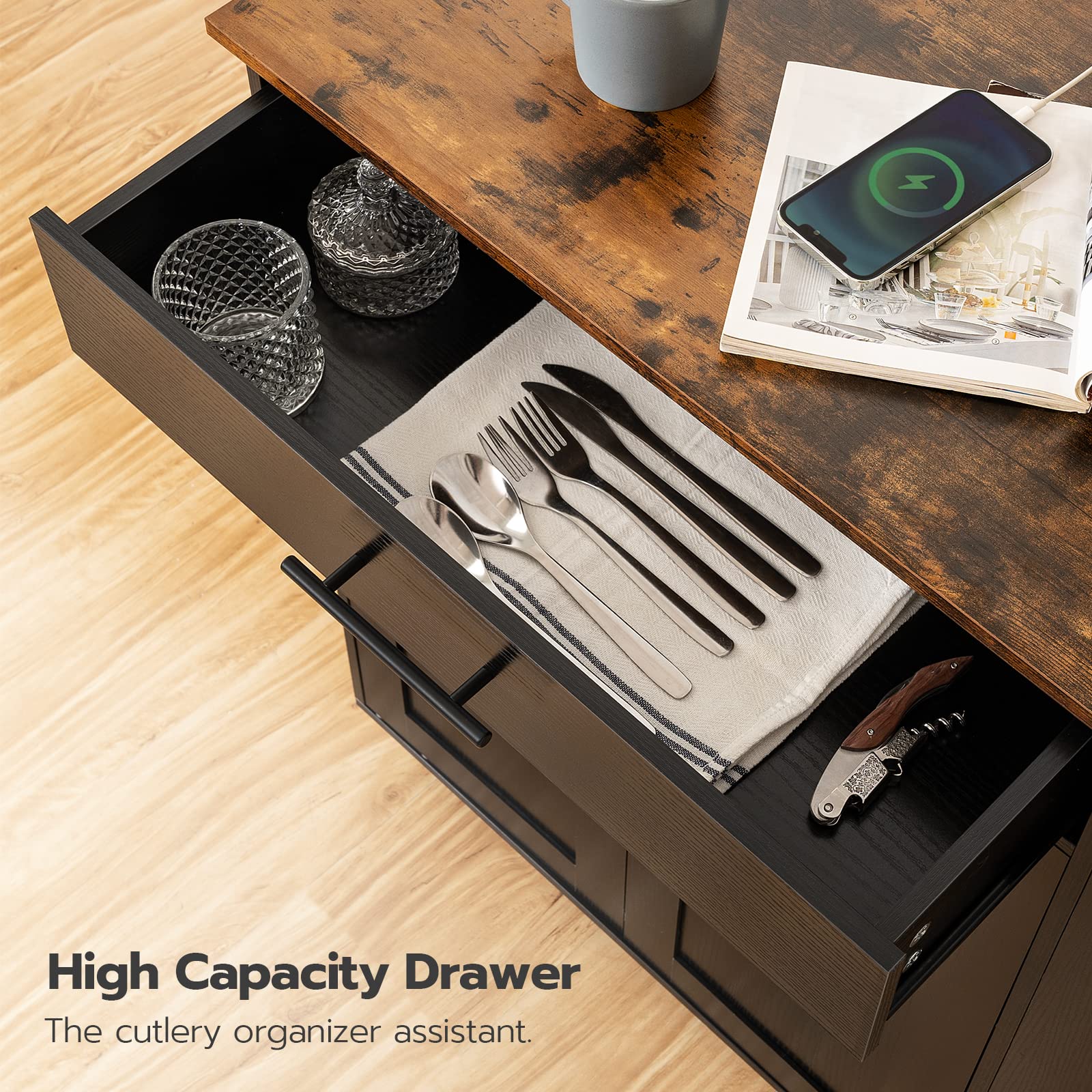 hoobro-kitchen-furniture-lot-cuisine-roulant-noir-prise-usb-tiroir image 7