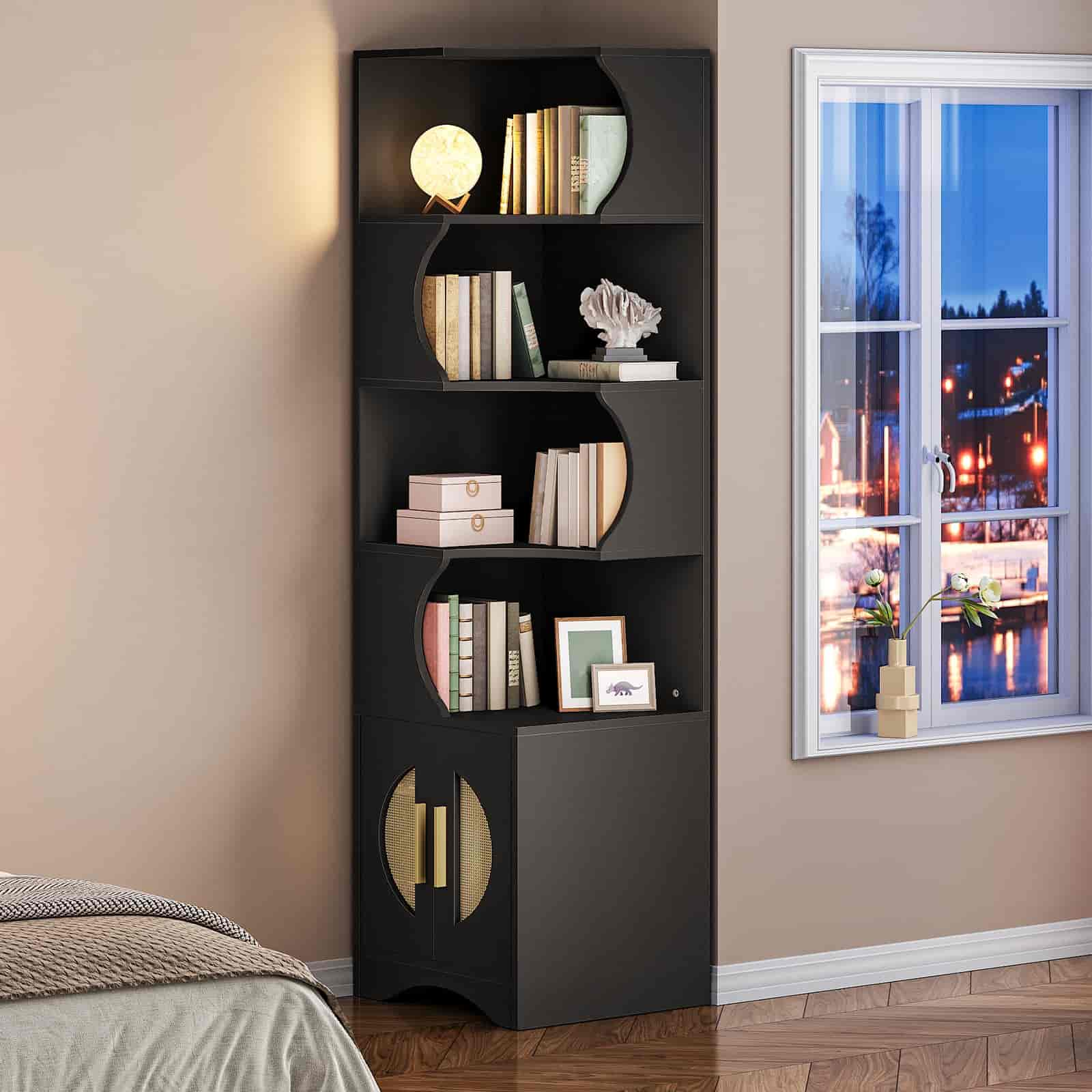 hoobro-bookshelves-biblioth-que-d-angle-noire-180-cm-porte-tiss-e image 6