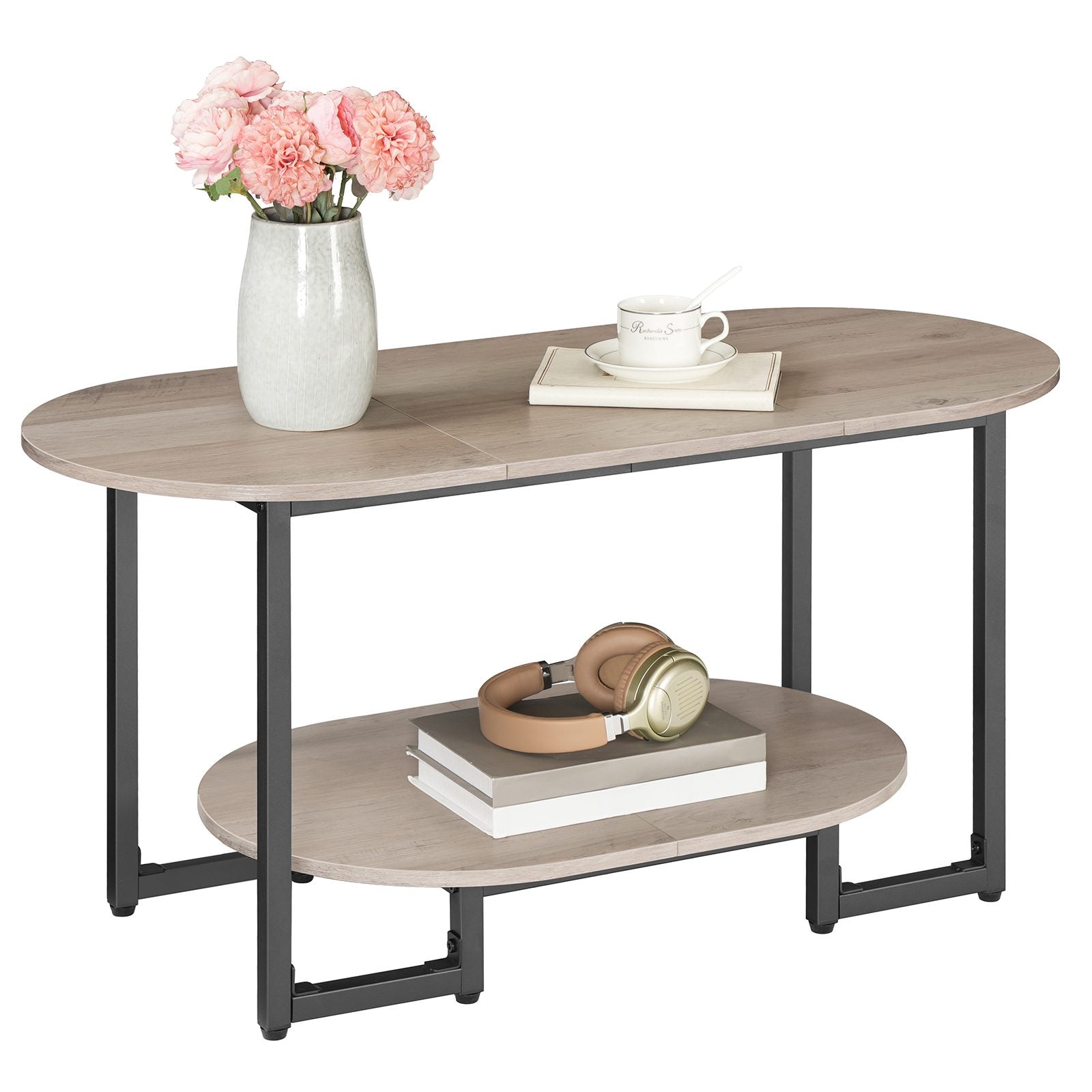 hoobro-coffee-tables-table-basse-ovale-bois-greige-2-niveaux image 1