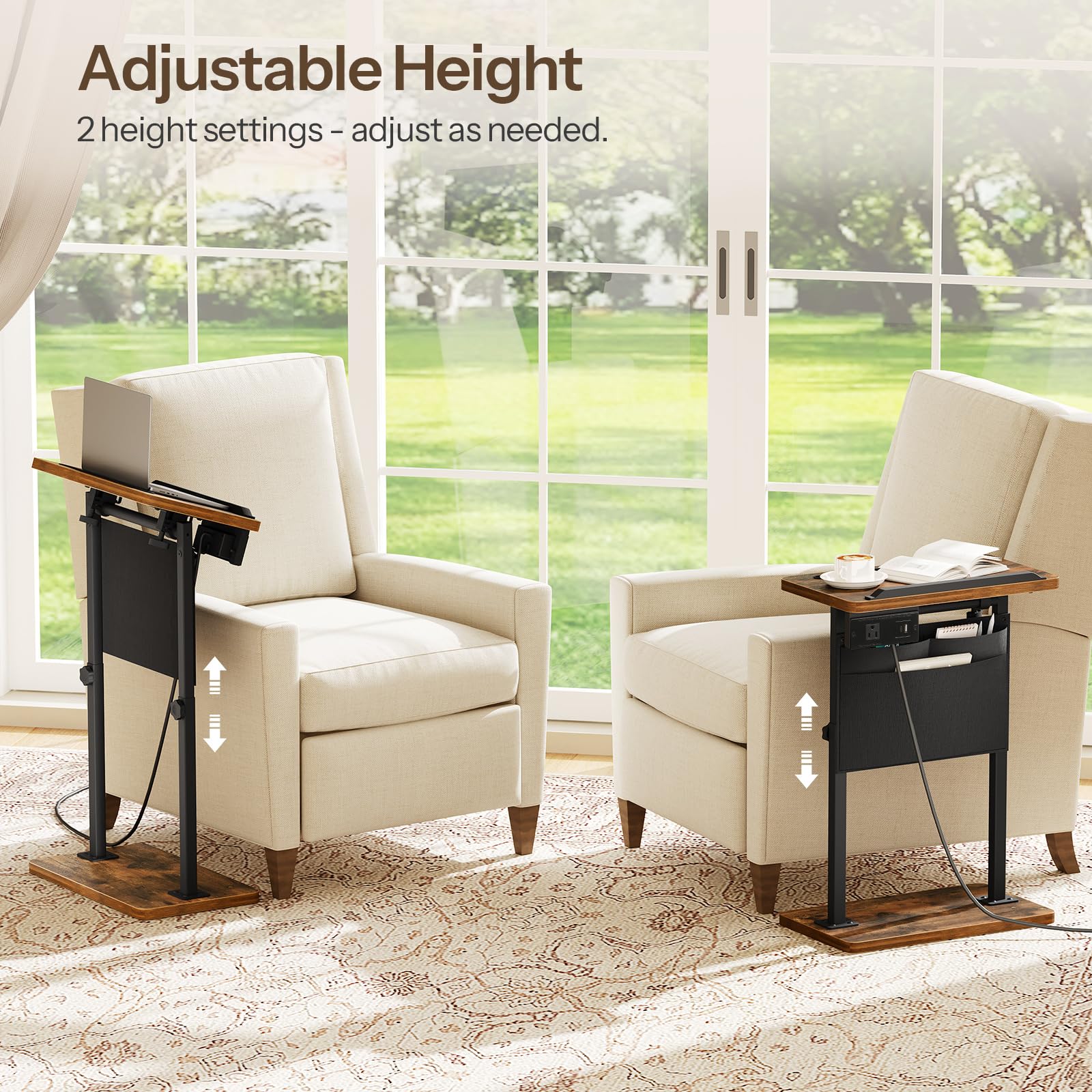 hoobro-side-tables-bout-de-canap-marron-hauteur-r-glable-avec-prise image 4