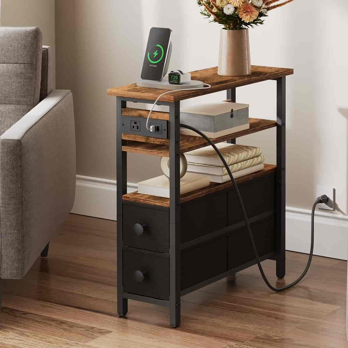 hoobro-side-tables-bout-de-canap-marron-prise-usb-tiroirs image 2