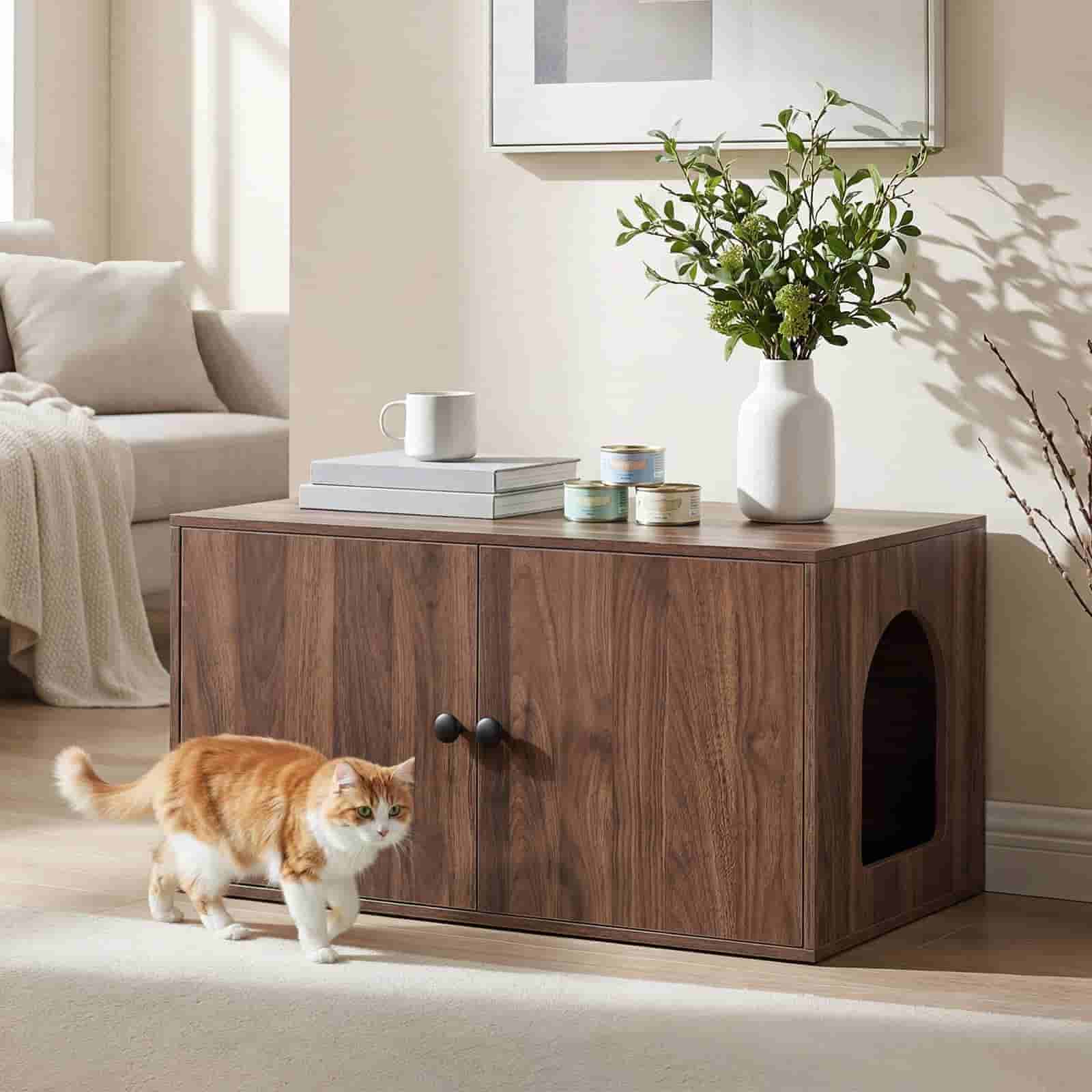 hoobro-meuble-liti-re-chat-bois-marron-banc-cach image 5