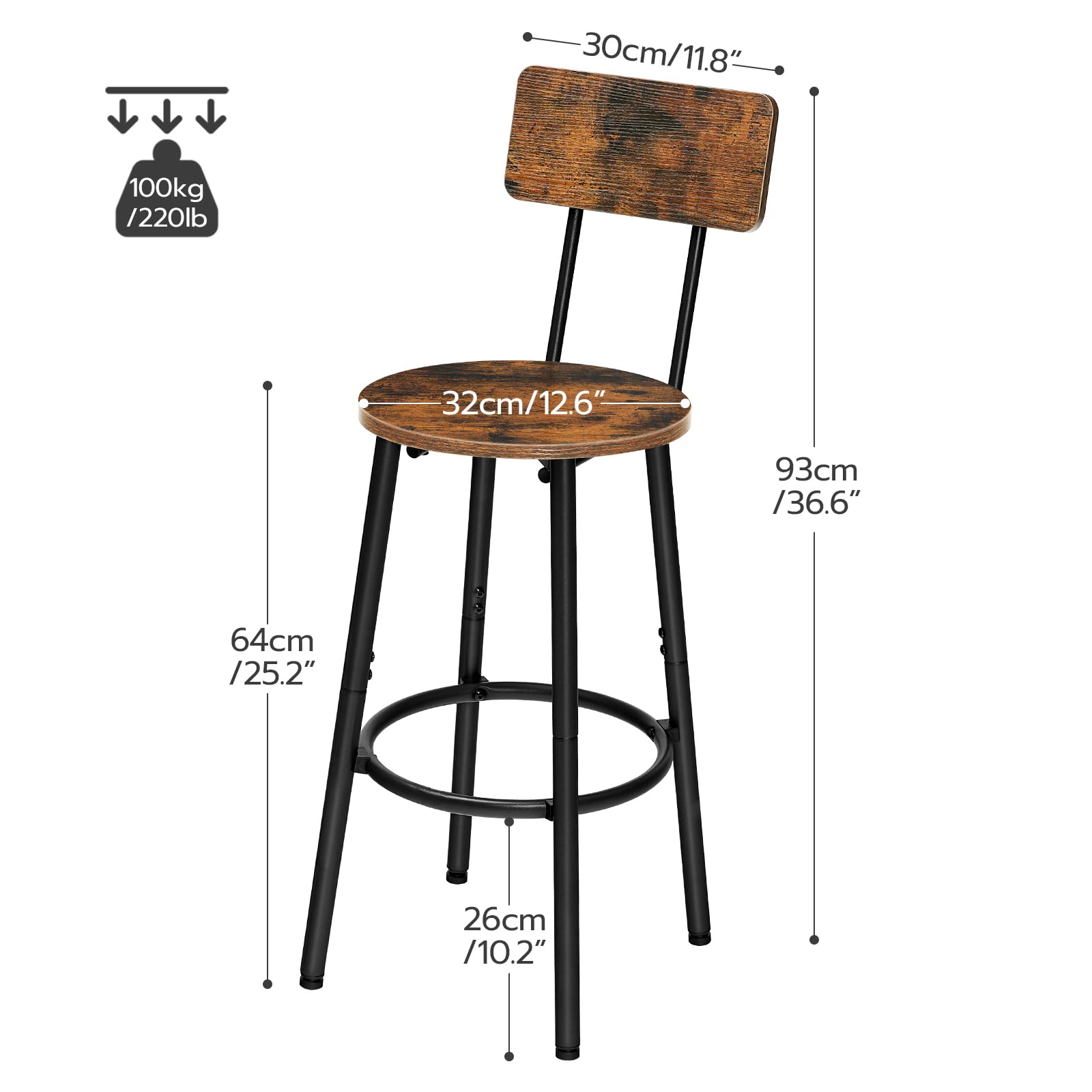 hoobro-tabouret-bar-rond-dossier-marron-lot-2-65-cm-bois-m-tal image 3