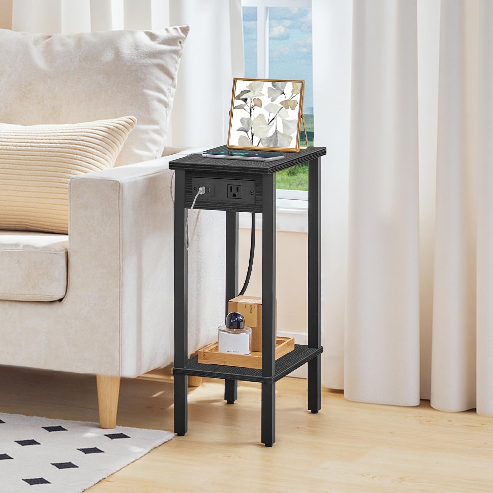 hoobro-side-tables-bout-de-canap-noir-usb-troit-2-niches image 2