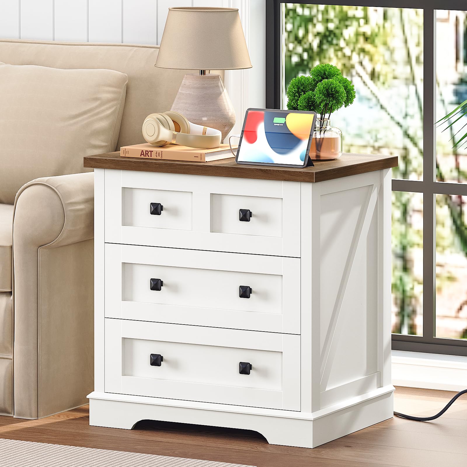 hoobro-nightstands-table-de-chevet-blanche-3-tiroirs-chargeur image 2
