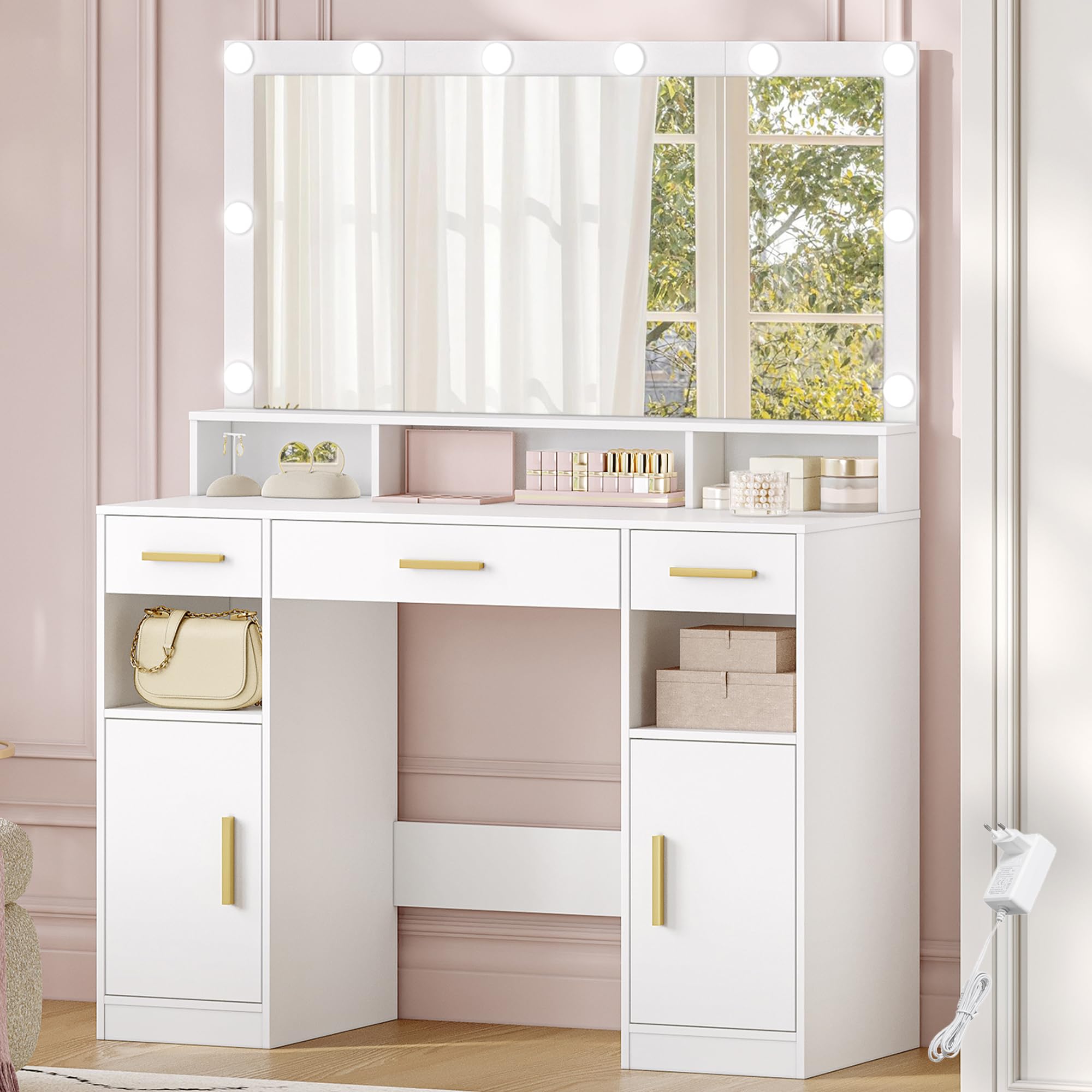 hexcelen-coiffeuse-miroir-led-blanc-40x108x140-cm-3-tiroirs image 1
