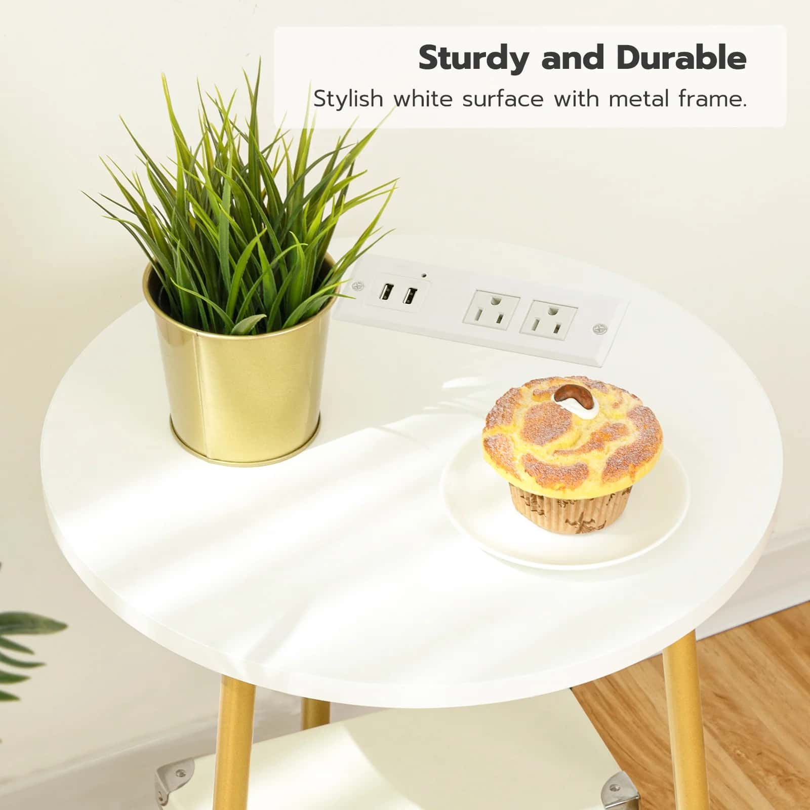 hoobro-table-d-appoint-ronde-2-niveaux-blanche-usb image 6
