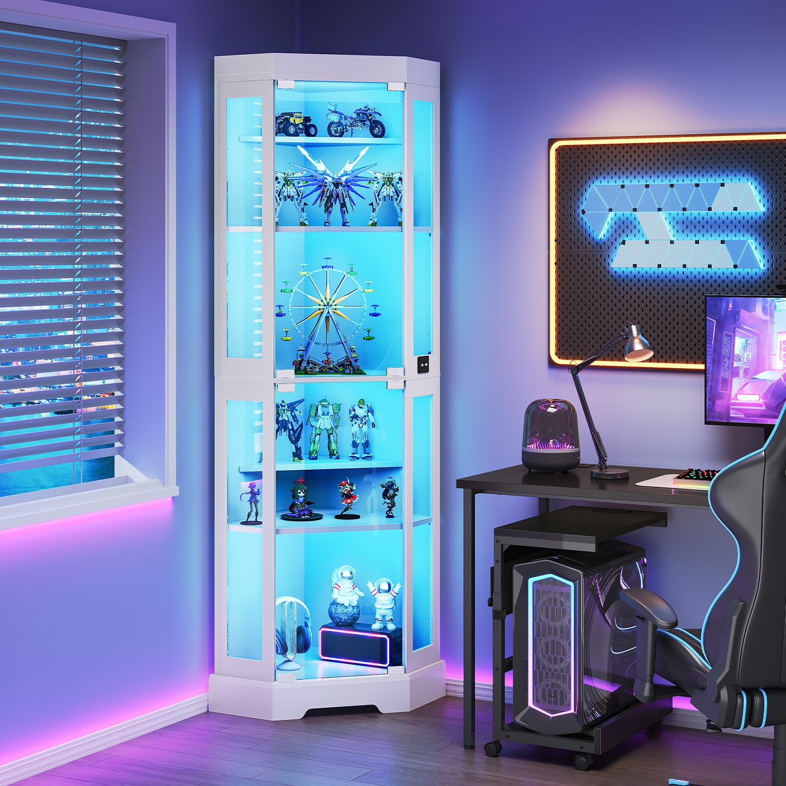 hoobro-bookshelves-vitrine-d-angle-blanche-lumineuse-portes-verre image 4