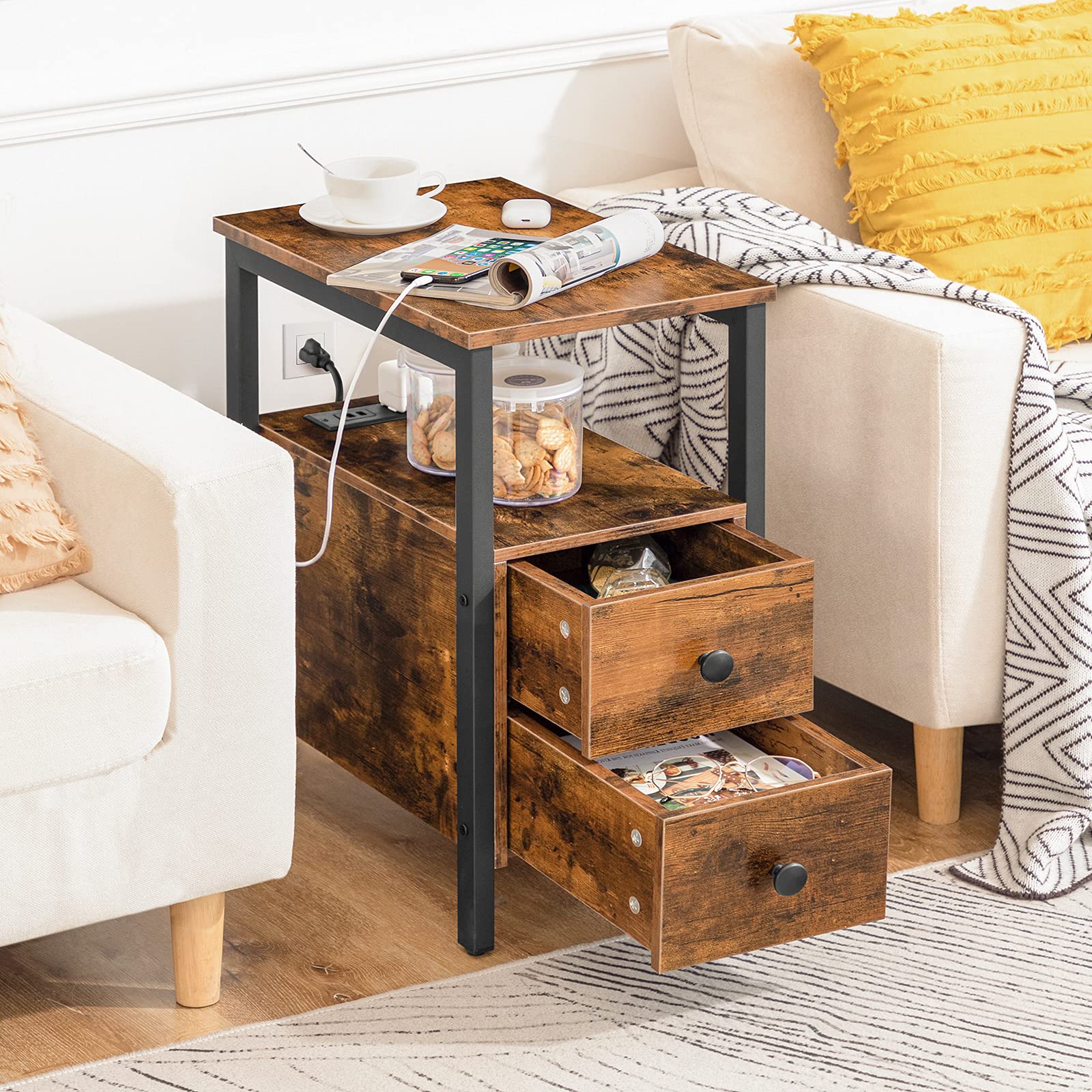 hoobro-lot-2-tables-de-chevet-marron-avec-prise image 2