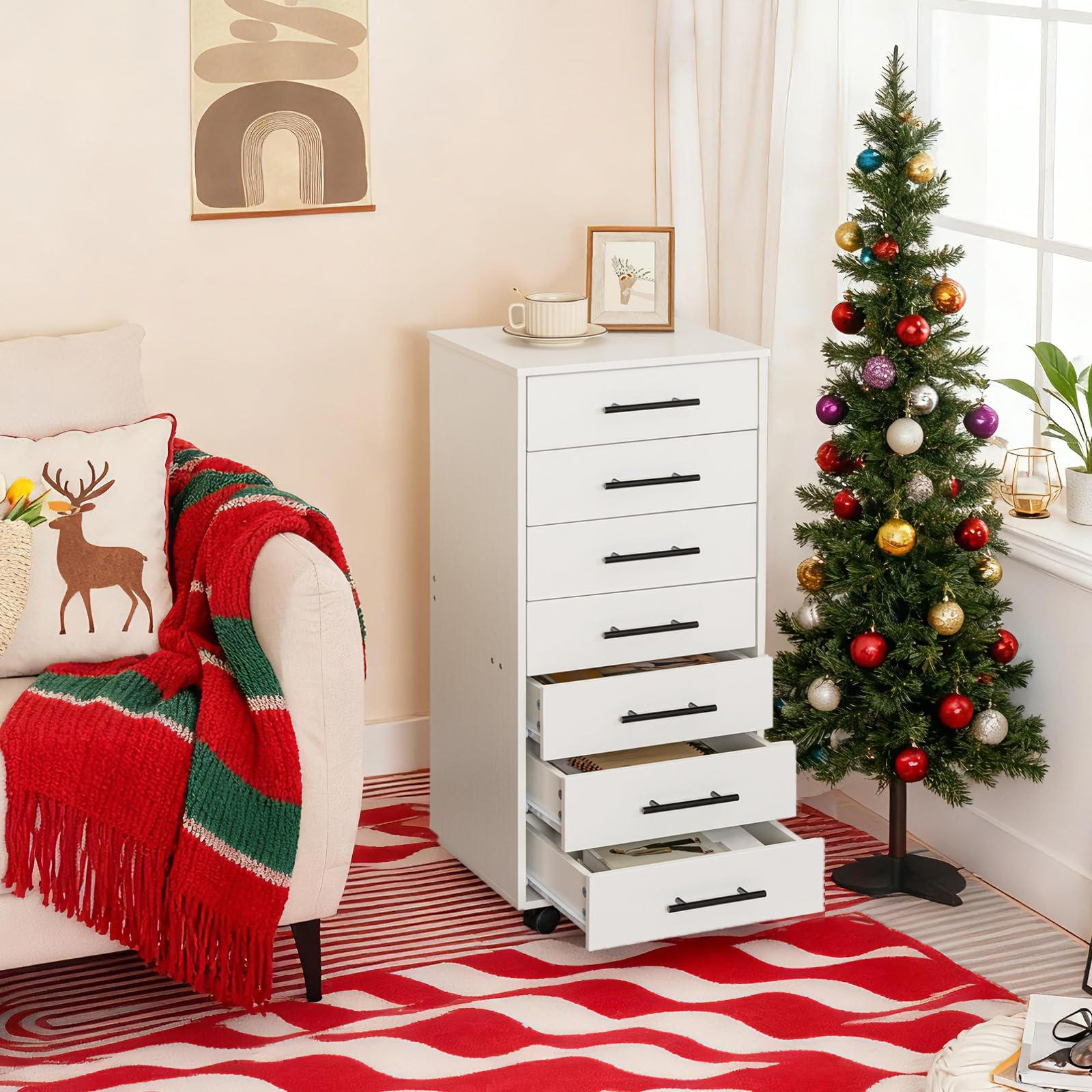 hoobro-caisson-bureau-7-tiroirs-blanc-roulettes-bois image 4