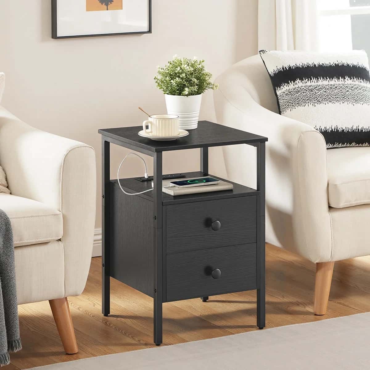 hoobro-table-de-nuit-noire-2-tiroirs-prises-lot-de-2 image 6