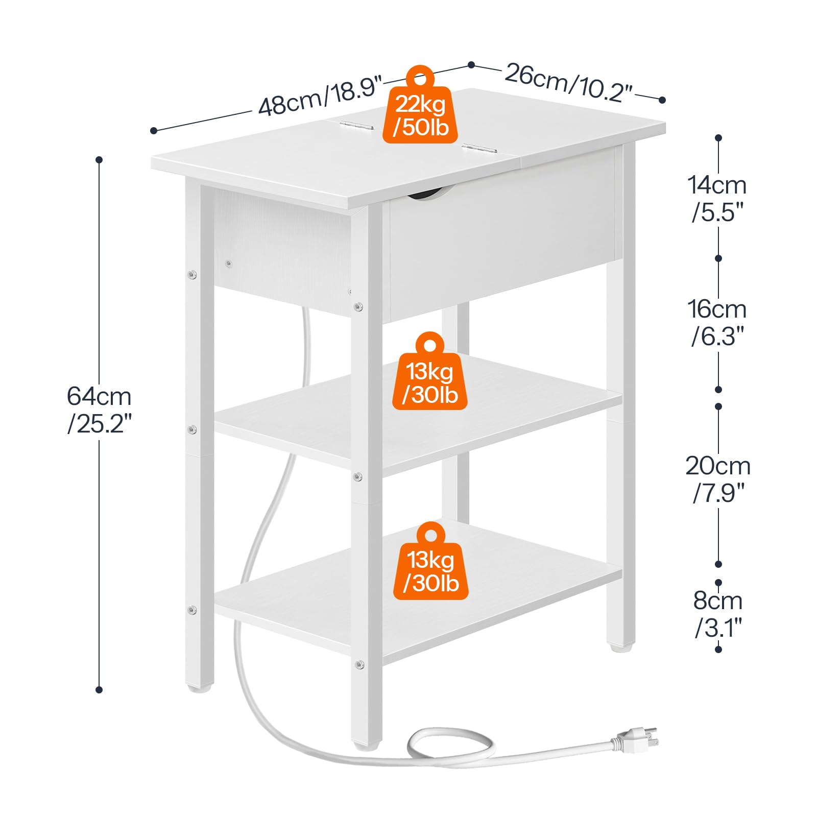 hoobro-side-tables-table-chevet-blanche-usb-abattant-troite image 3