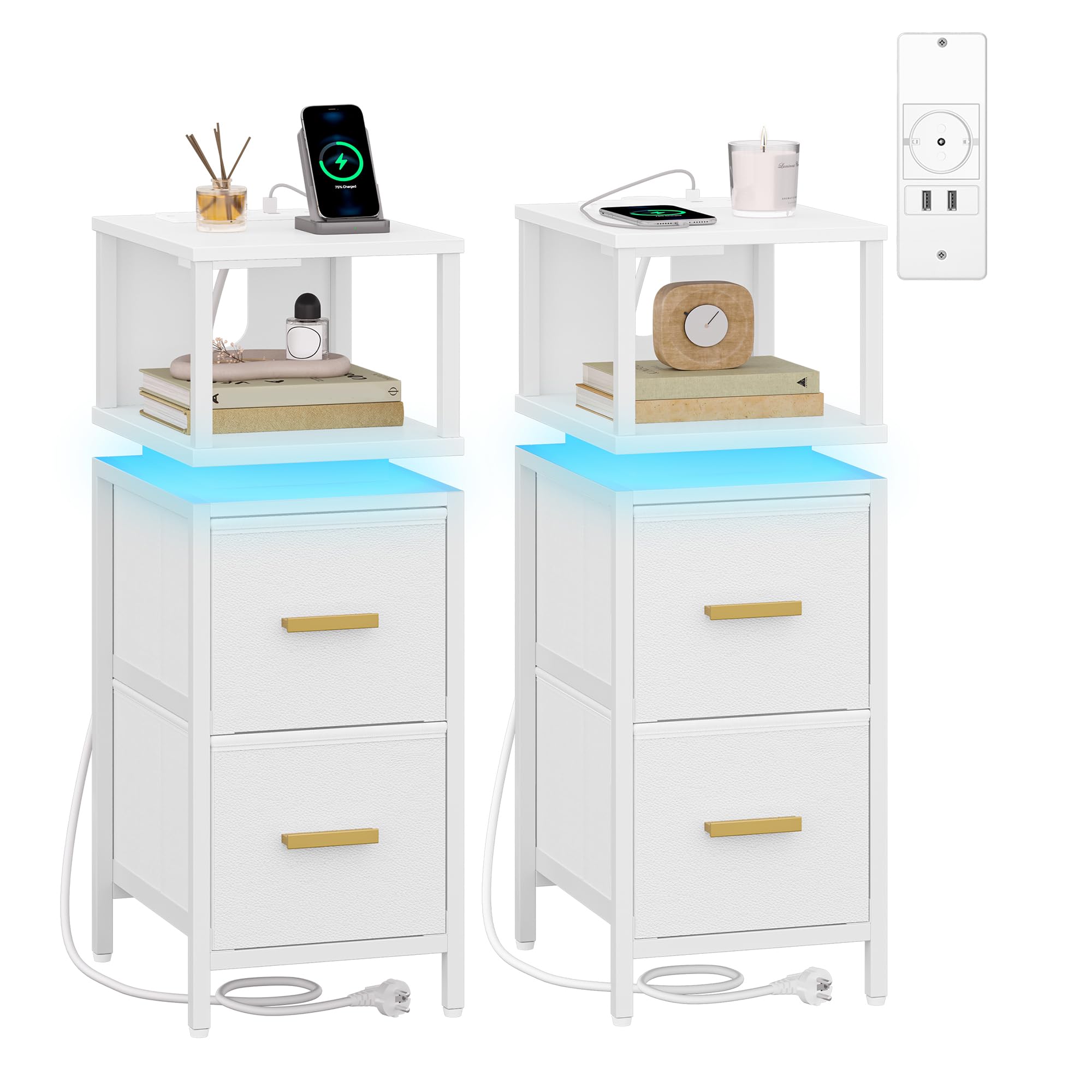 hexcelen-lot-2-tables-de-chevet-blanches-led-usb-24-cm image 1