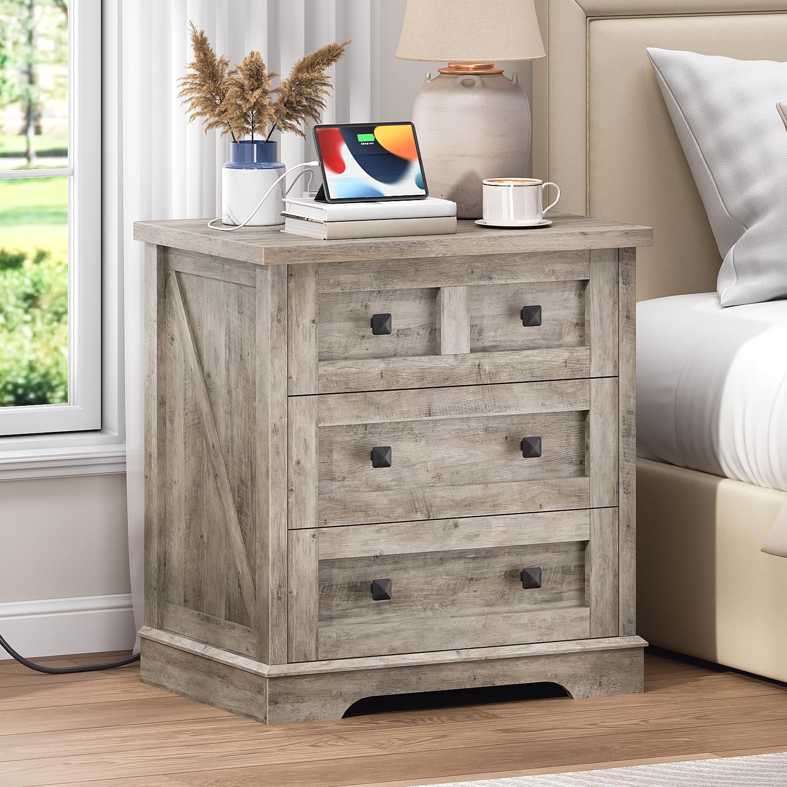 hoobro-nightstands-table-de-chevet-greige-3-tiroirs-prises image 2