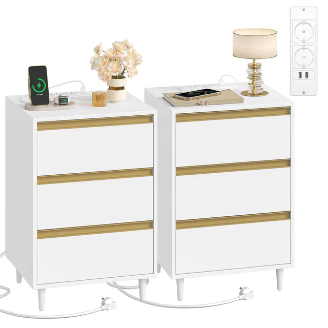 hexcelen-tables-de-chevet-lot-2-tables-nuit-blanches-prises-usb image 1