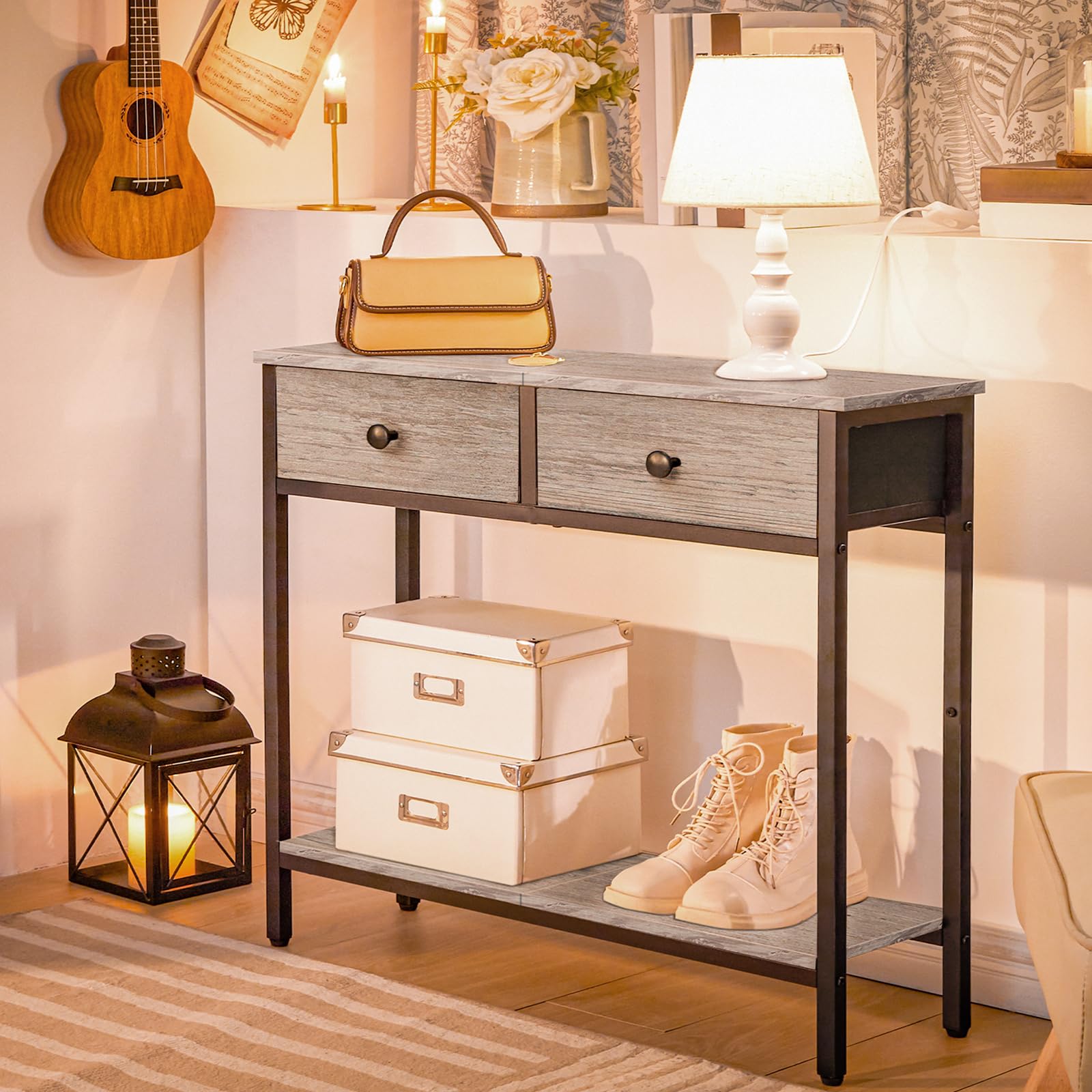 hoobro-console-table-29-5-2-tiroirs-tissu-greige image 8