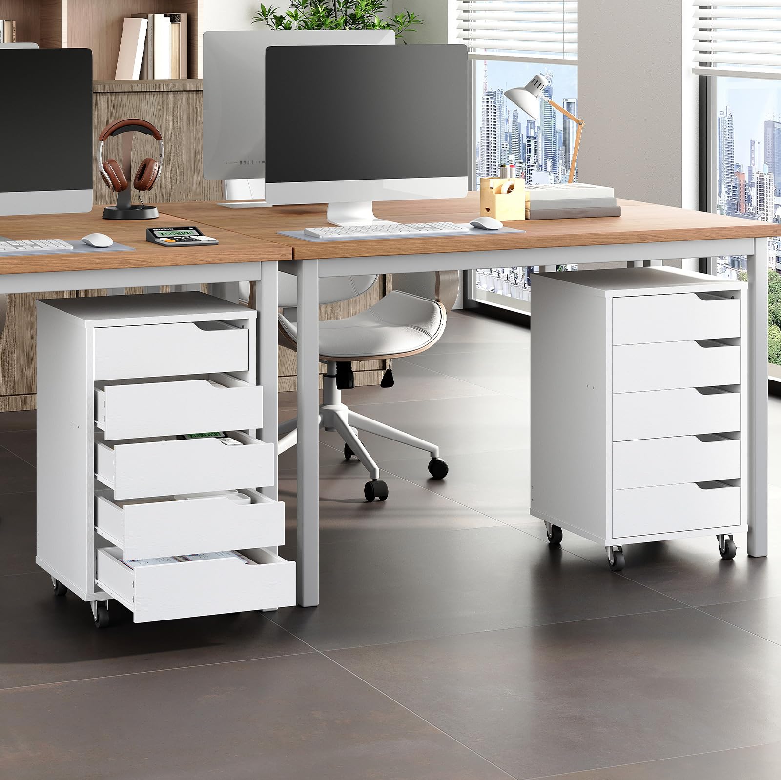 hoobro-caisson-de-bureau-mobile-5-tiroirs-blanc-roulettes image 4