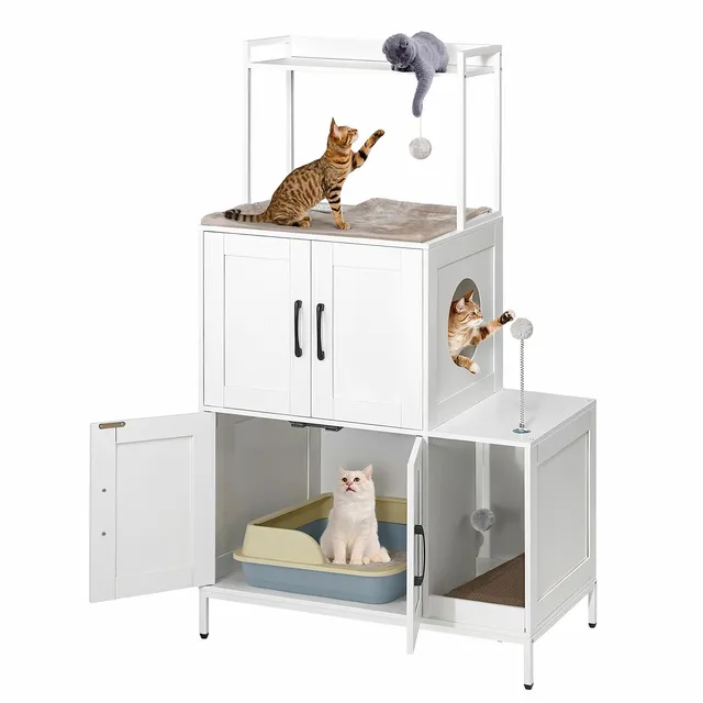 hoobro-pet-furniture-meuble-liti-re-chat-blanc-2-en-1 image 1