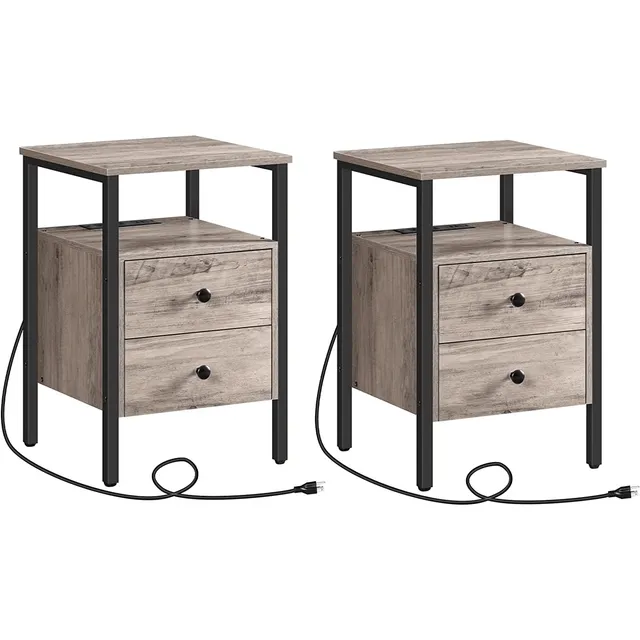 hoobro-lot-2-tables-de-chevet-greige-prise-usb-tiroirs image 1