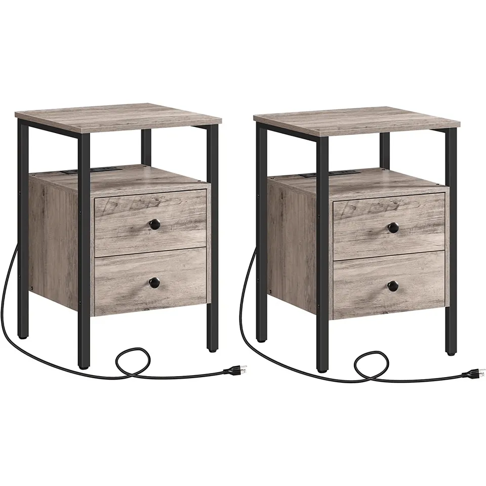 hoobro-lot-2-tables-de-chevet-greige-prise-usb-tiroirs image 1
