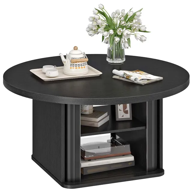 hoobro-table-basse-ronde-noire-avec-rangement-80-cm image 1