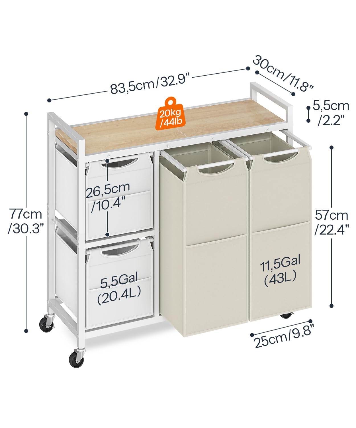 hoobro-panier-linge-4-bacs-blanc-127-l-trieur-roulettes image 3