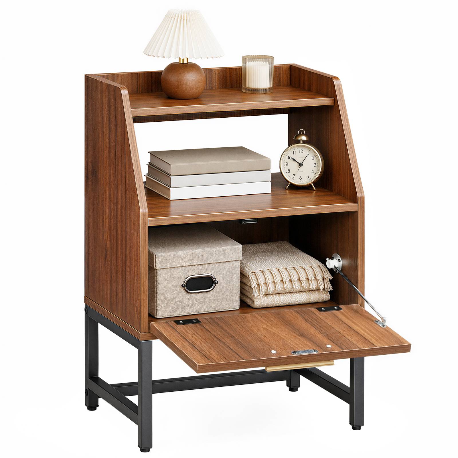 hoobro-table-de-chevet-rotin-porte-abattante-marron image 1