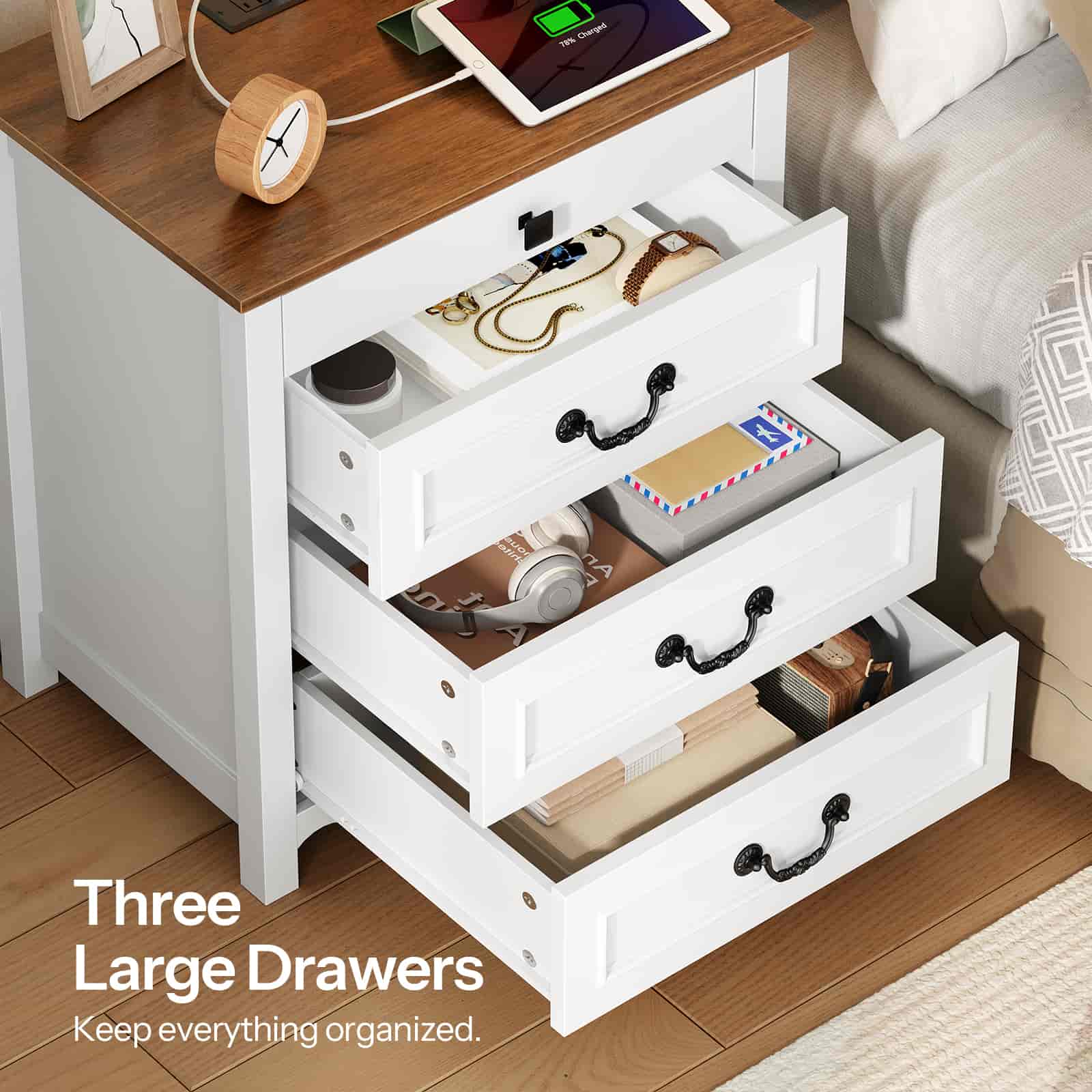 hoobro-nightstands-table-de-nuit-blanche-3-tiroirs-prise-usb image 8