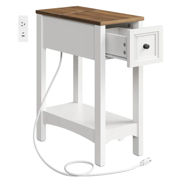 hoobro-side-tables-bout-de-canap-blanc-avec-prise-tiroir image 1