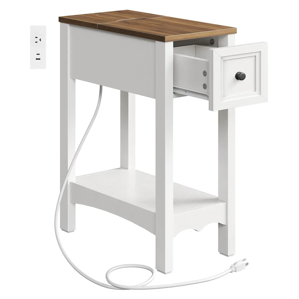 hoobro-side-tables-bout-de-canap-blanc-avec-prise-tiroir image 1