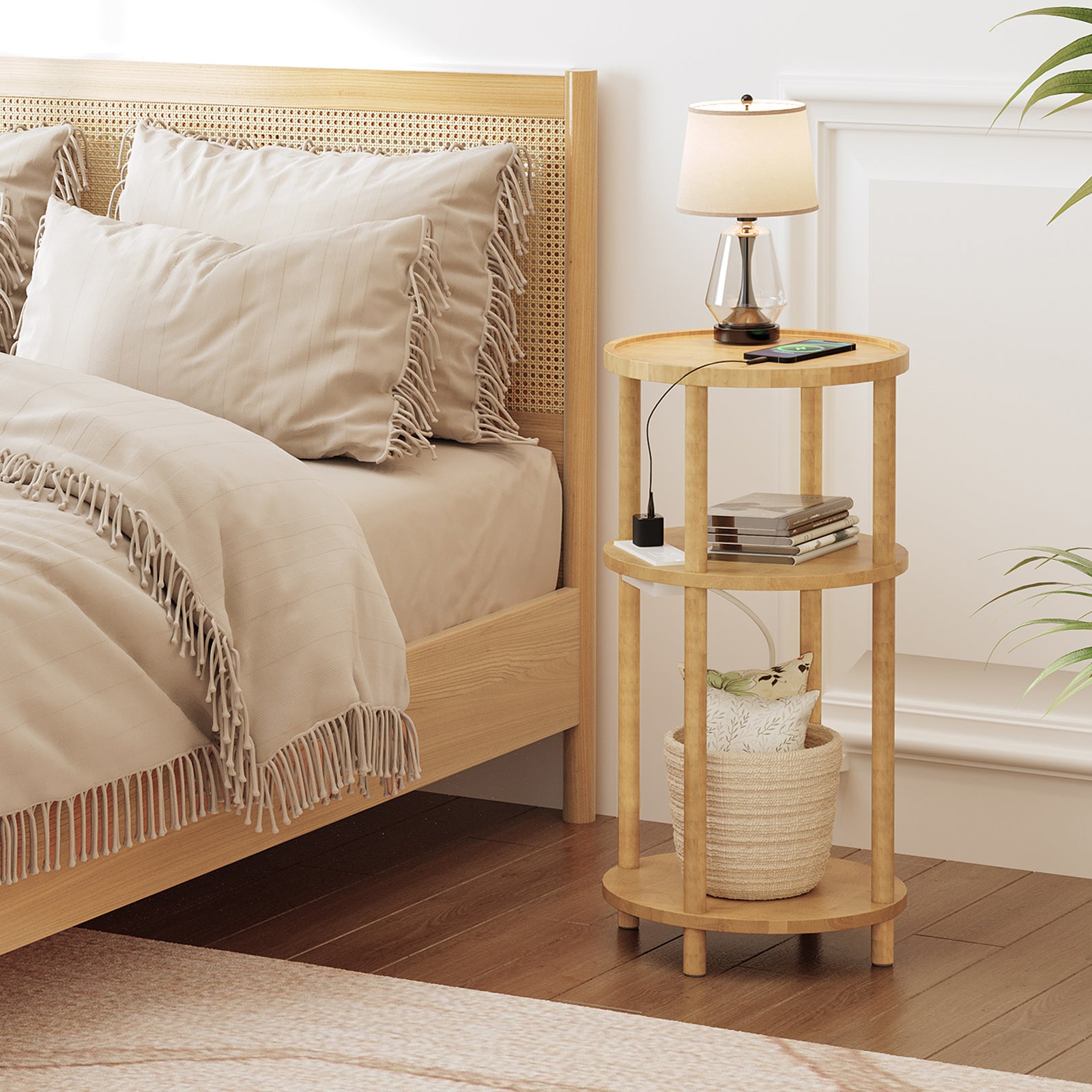 hoobro-side-tables-table-d-appoint-ronde-beige-3-niveaux-avec-prise image 2
