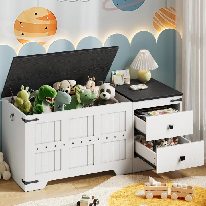 hoobro-banc-coffre-blanc-rangement-jouets-2-tiroirs image 2
